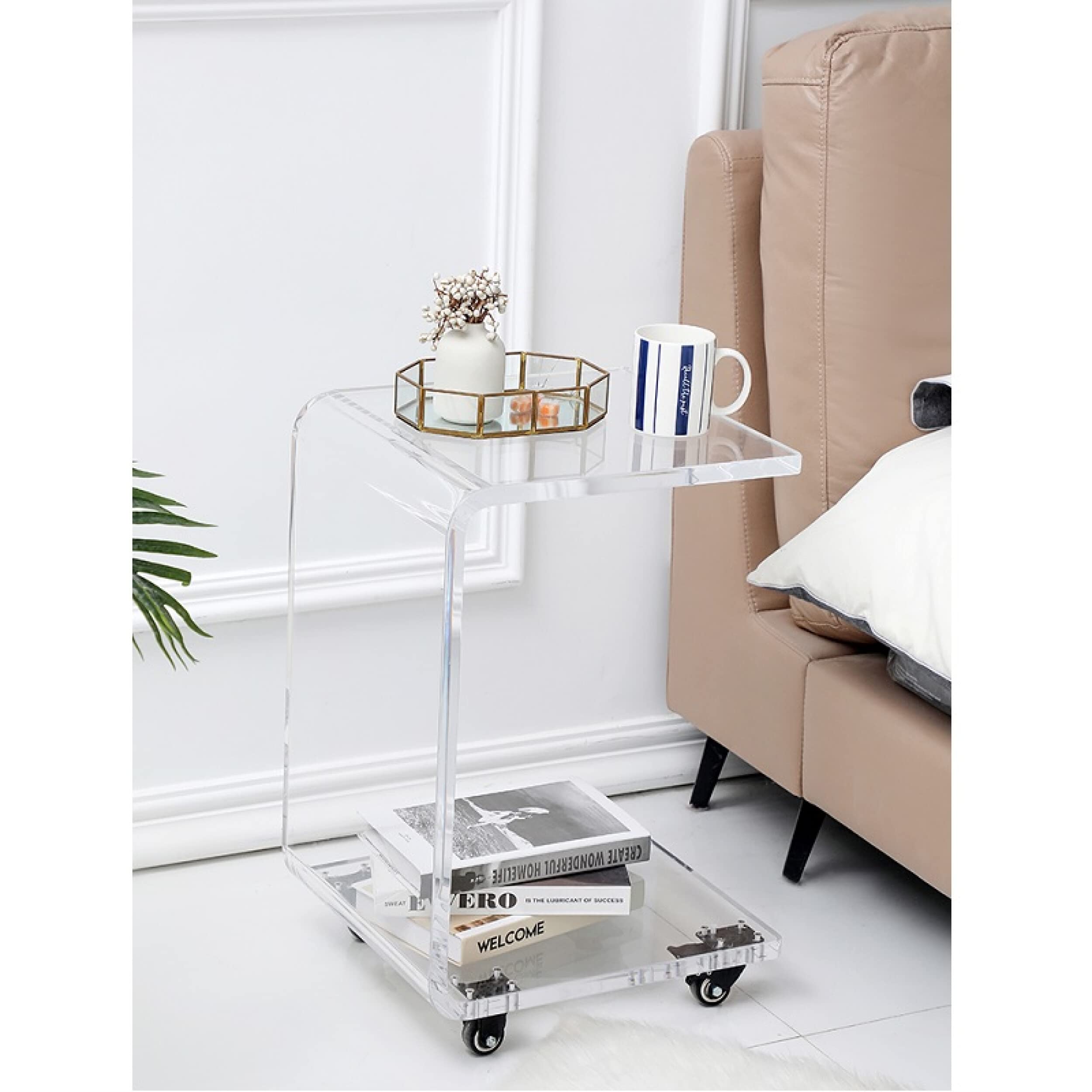 Modern C-Shaped Acrylic Side Table - Clear End Table with Wheels for Living Room, Bedroom & Office - Versatile Nightstand, Sofa Table, and Movable Coffee Table for Small Spaces