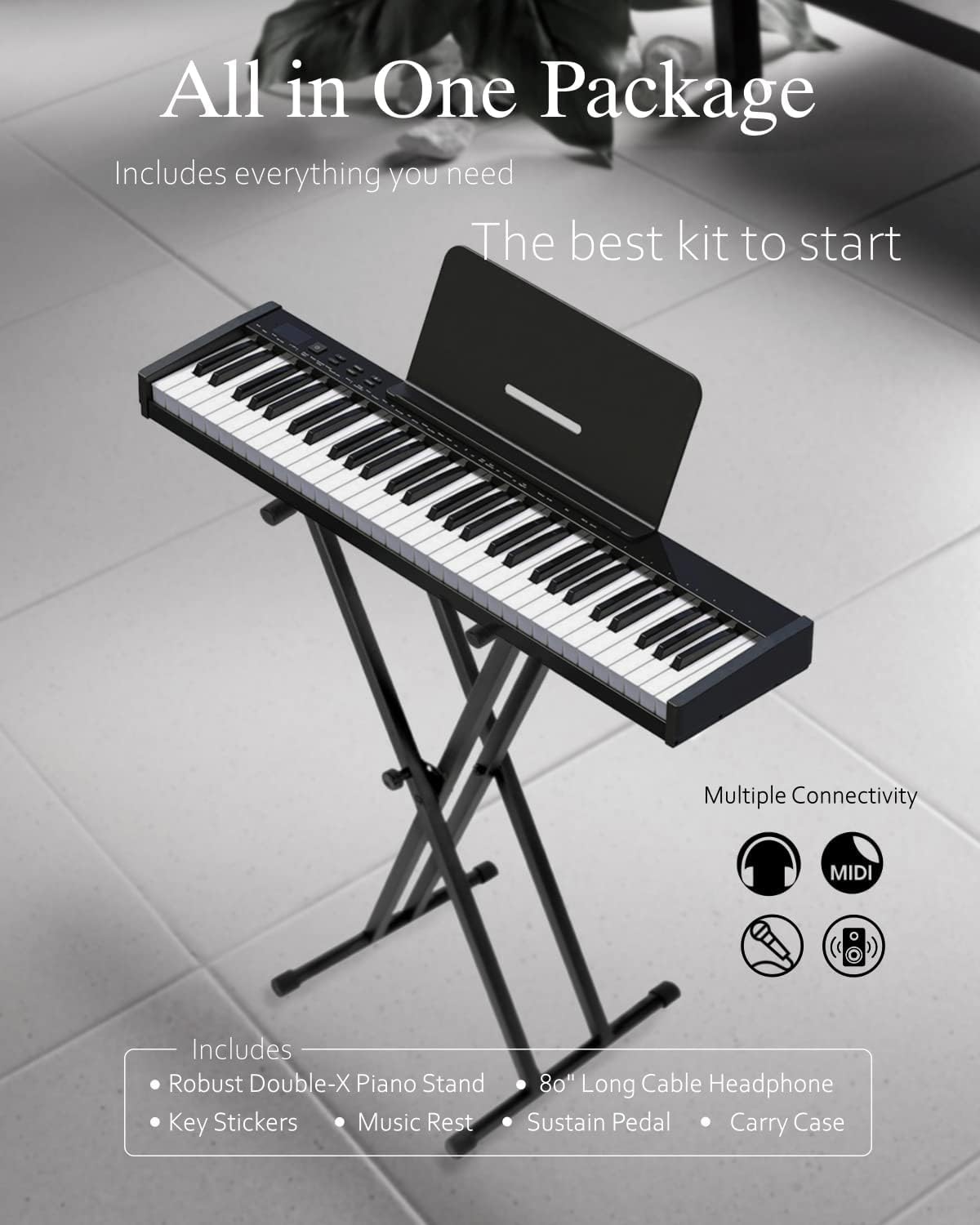 61-Key Semi-Weighted Portable Digital Piano Keyboard with Stand, Headphones & Sustain Pedal - Ideal for Beginners, Home Practice & Live Performances - Includes Carrying Case (Black)