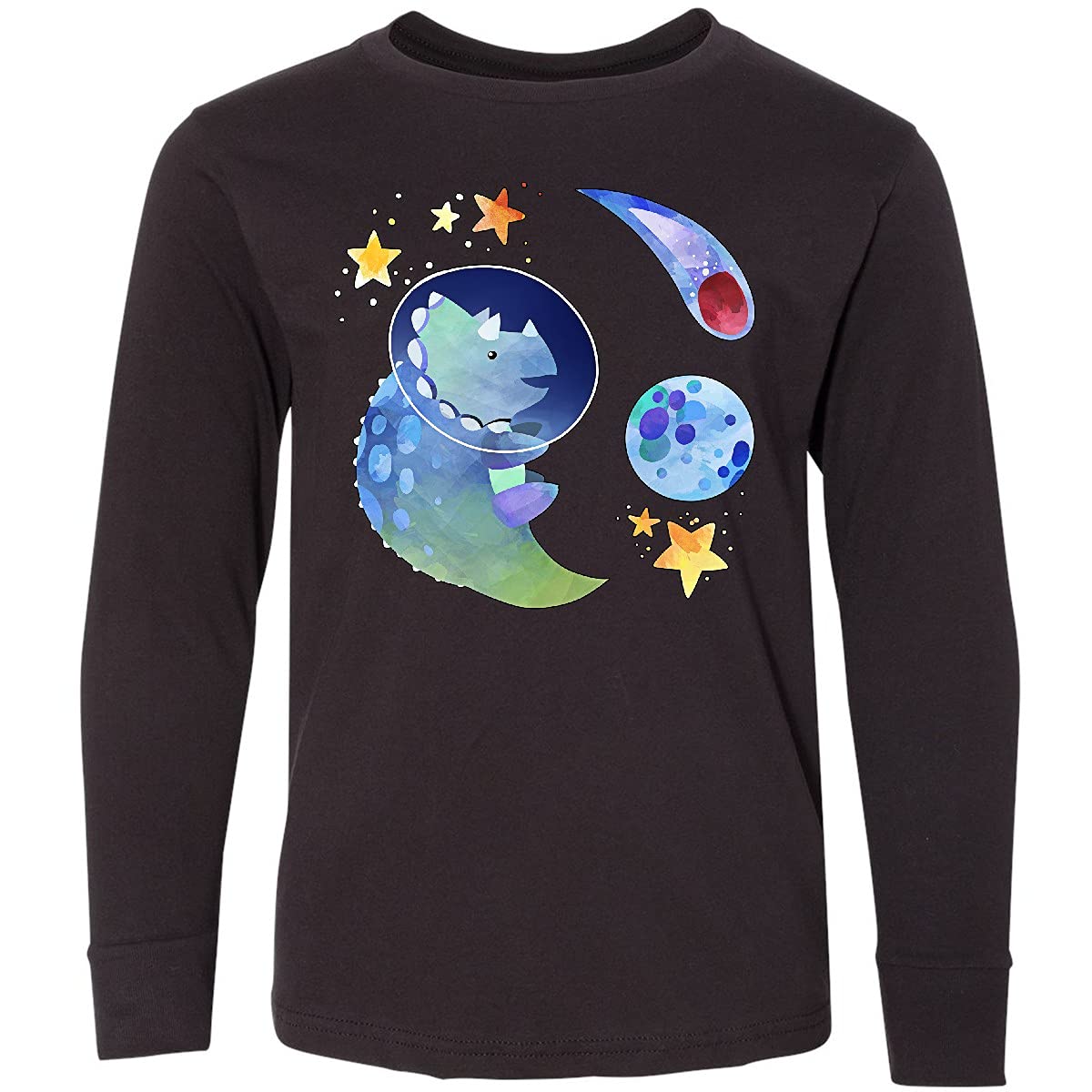 Inktastic Triceratops in Space with Planets and Stars - Kids Dinosaur Graphic Long Sleeve T-Shirt - Soft Cotton Tee for Boys & Girls - Perfect for School, Playdates & Outer Space Themed Birthday Parties