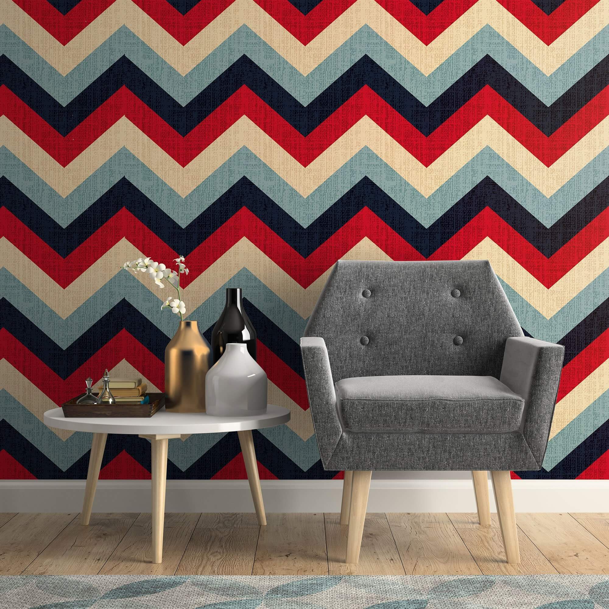 Red and Blue Chevron Geometric Peel and Stick Removable Wallpaper - Self-Adhesive Decorative Wall Covering for Bedroom, Living Room, Nursery & Office - Easy to Apply and Remove Without Damage