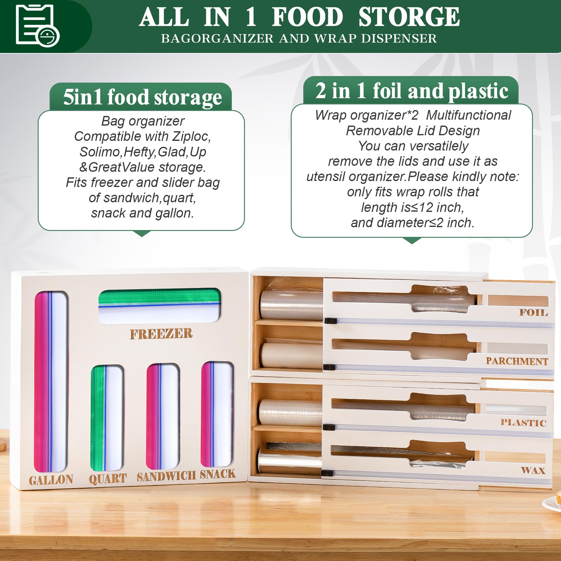 Calmbee 9-in-1 Bamboo Kitchen Organizer - Plastic Wrap & Foil Dispenser with Cutter, Storage Bag Organizer for Gallon, Quart, Sandwich Bags - Perfect for Kitchen Drawer Organization (White, Large) - Ideal for Food Storage, Meal Prep & Home Organization
