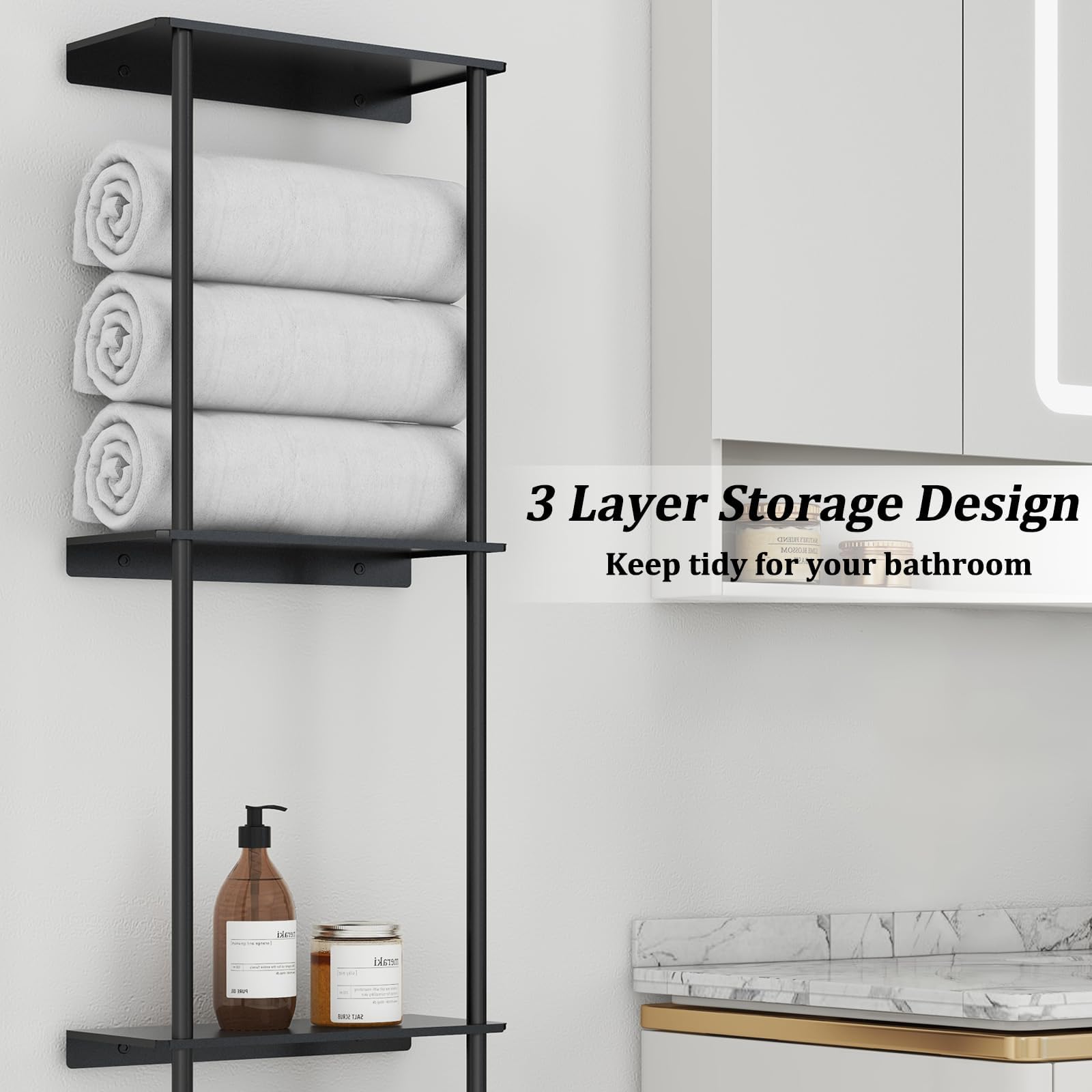 3-Tier Wall Mounted Bathroom Towel Rack with Shelf & Towel Bar - Space-Saving Towel Organizer for Bath, Shower & Spa (Matte Black) - Perfect for Small Bathrooms & Vanity Areas