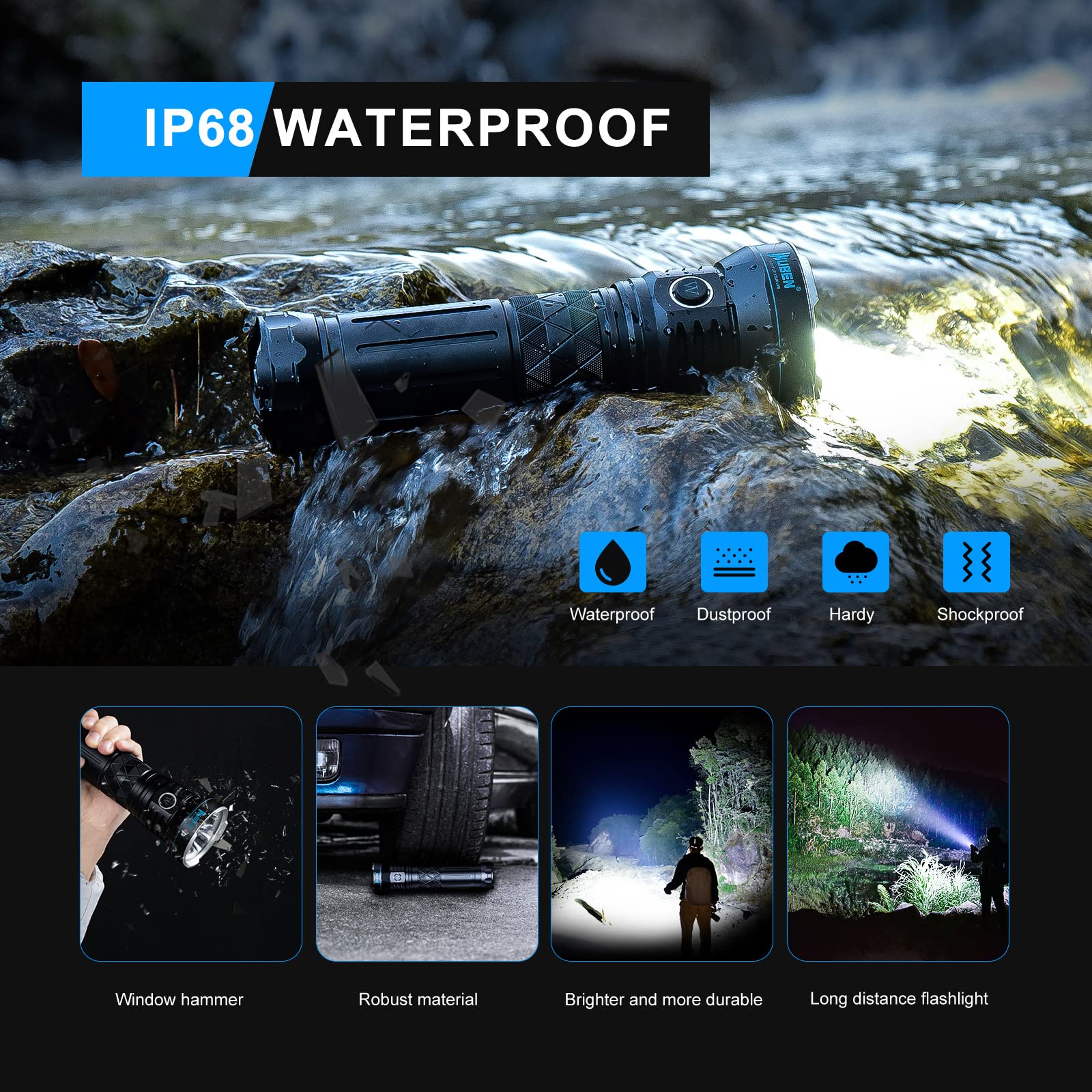 WUBEN A9 12000 Lumens Super Bright Flashlight - 1378ft Beam Distance, 552 Hours Runtime, USB-C Rechargeable with 10200mAh Battery - 5 Modes, IP68 Waterproof - Perfect for Camping, Hiking, Emergency & Outdoor Adventures