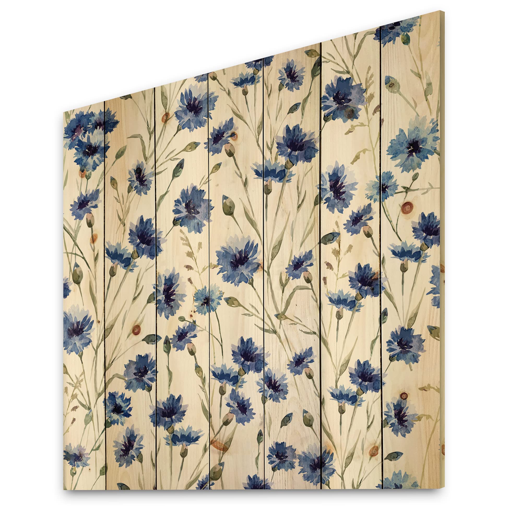 Blue Wildflowers with Green Leaves Traditional Wood Wall Art - Large Floral Pine Wood Decor Panel for Living Room, Bedroom & Office | Handcrafted Natural Wood Wall Hanging