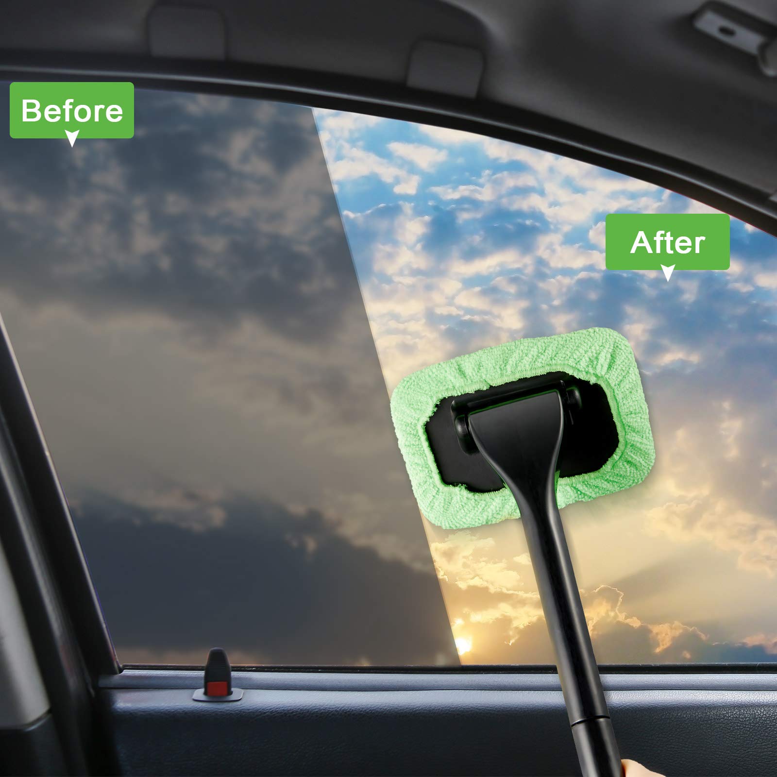 2 Pack Windshield Cleaning Kit - Extendable Car Window Cleaner with Detachable Handle, 8 Reusable Microfiber Pads & 2 Spray Bottles for Auto Glass & Interior Cleaning - Perfect for Cars, Trucks, RVs (Green)