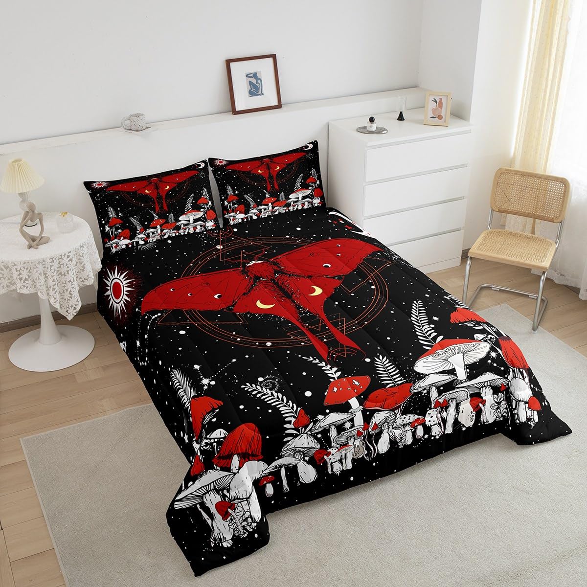 Red Mushroom Plant Twin Size Comforter Set - Stars Moon Galaxy Space Microfiber Quilt & Duvet Set for Kids & Teens (2-Piece) | Soft Bedroom Decor for Cozy Sleep & Dreamy Space-Themed Nursery