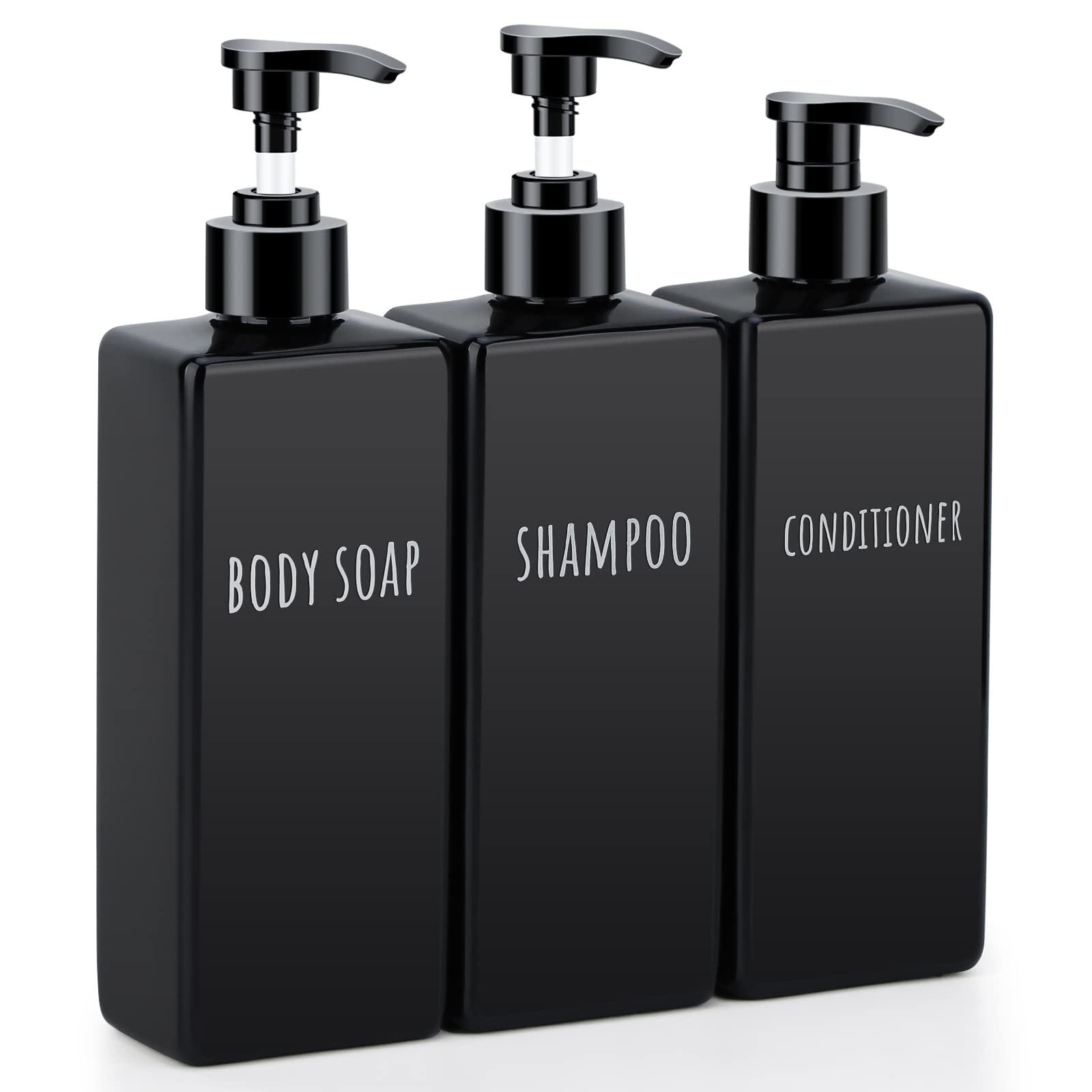 Segbeauty 3-Pack Square Soap Dispenser Set - 16.9oz (500ml) Refillable Black Plastic Pump Bottles for Shampoo, Conditioner, Body Wash & Lotion | Bathroom & Shower Organizer for Liquid Soap, Gel & Hair Care Products