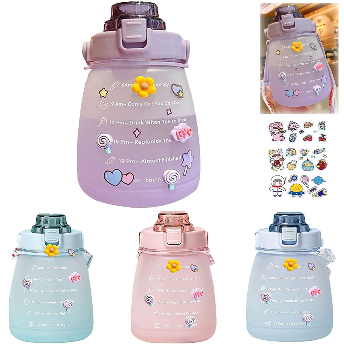**KDGENG 1.4L Big Belly Water Bottle with Straw & Shoulder Strap - Large Capacity Cute Pink & Purple 3D Sticker Bottle - Ideal for Gym, Hiking, School & Outdoor Activities**