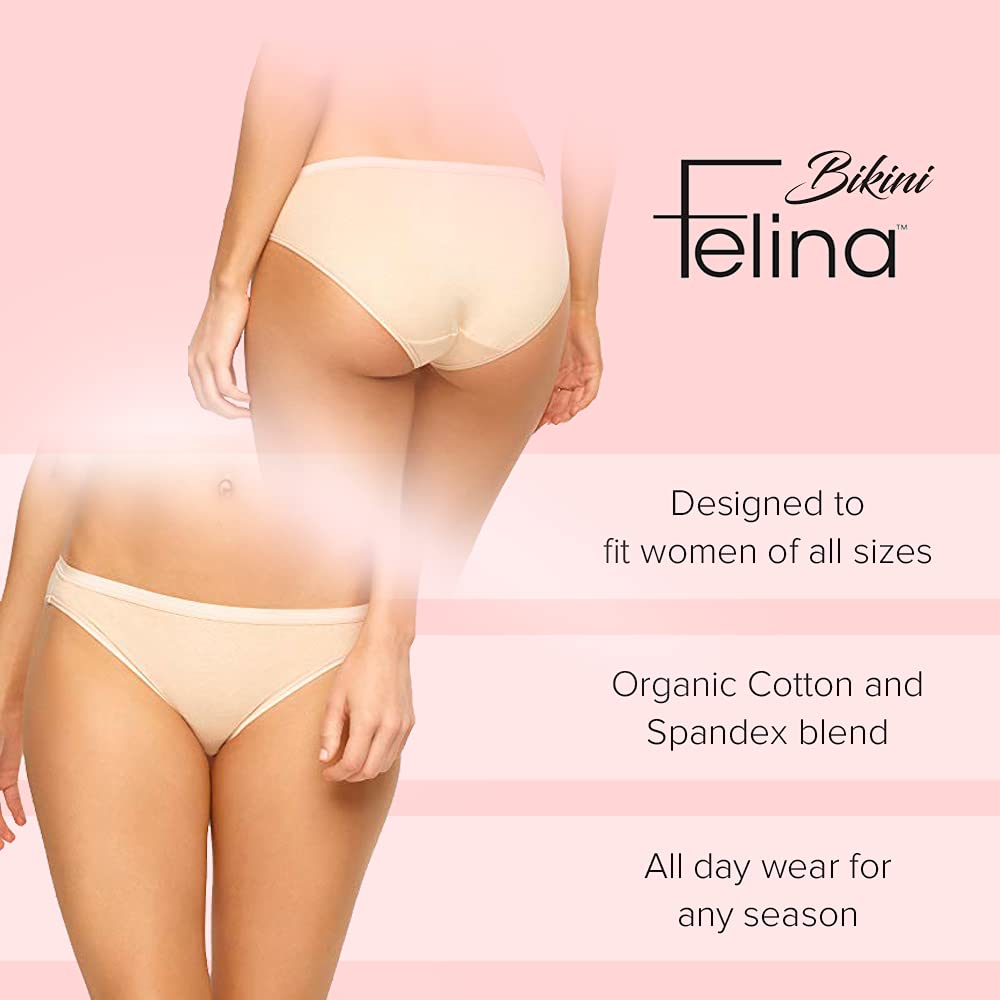 Felina Organic Cotton Bikini Underwear for Women - Soft Seamless Panties 6-Pack | Breathable Comfortable Underwear for Everyday Wear & Yoga
