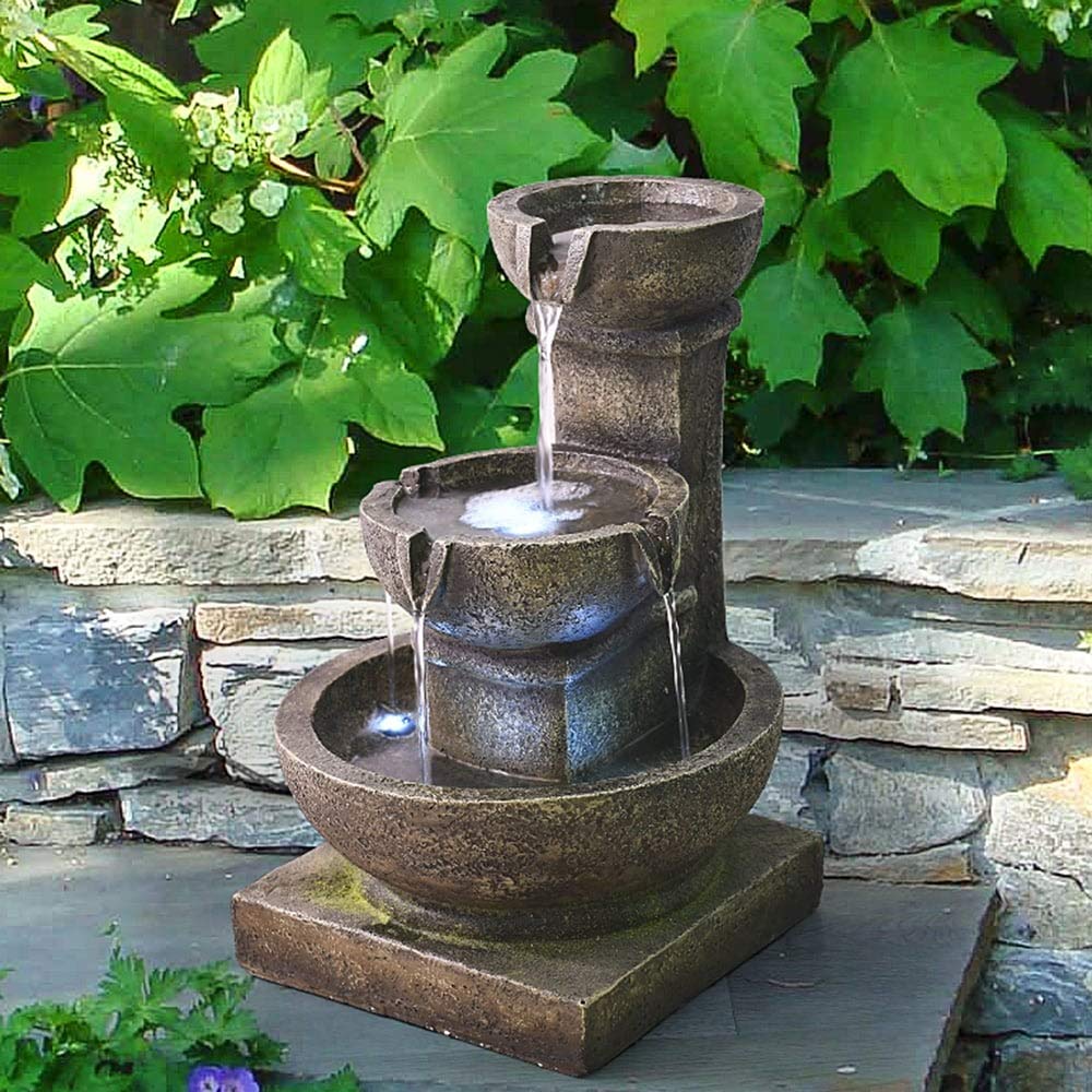 Outdoor Waterfall Fountain with LED Lights - Grey Modern Contemporary Polyresin Decor for Garden, Patio, and Backyard Relaxation