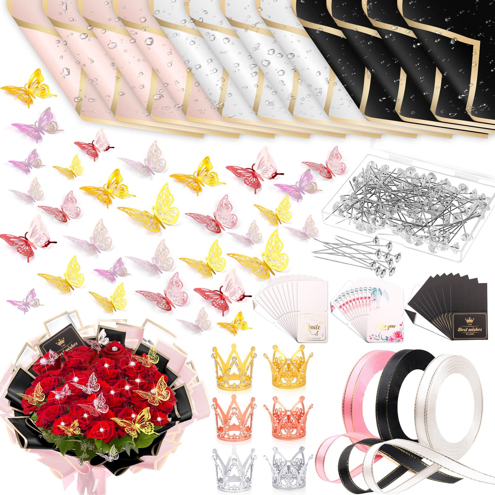 Tetutor 241-Piece Waterproof Floral Wrapping Paper Set - Bouquet Wrapping Sheets with Ribbons, Flower Pins, 3D Butterflies & Crowns for Professional Florists | Perfect for Wedding Bouquets, Gift Wrapping & Flower Arrangements