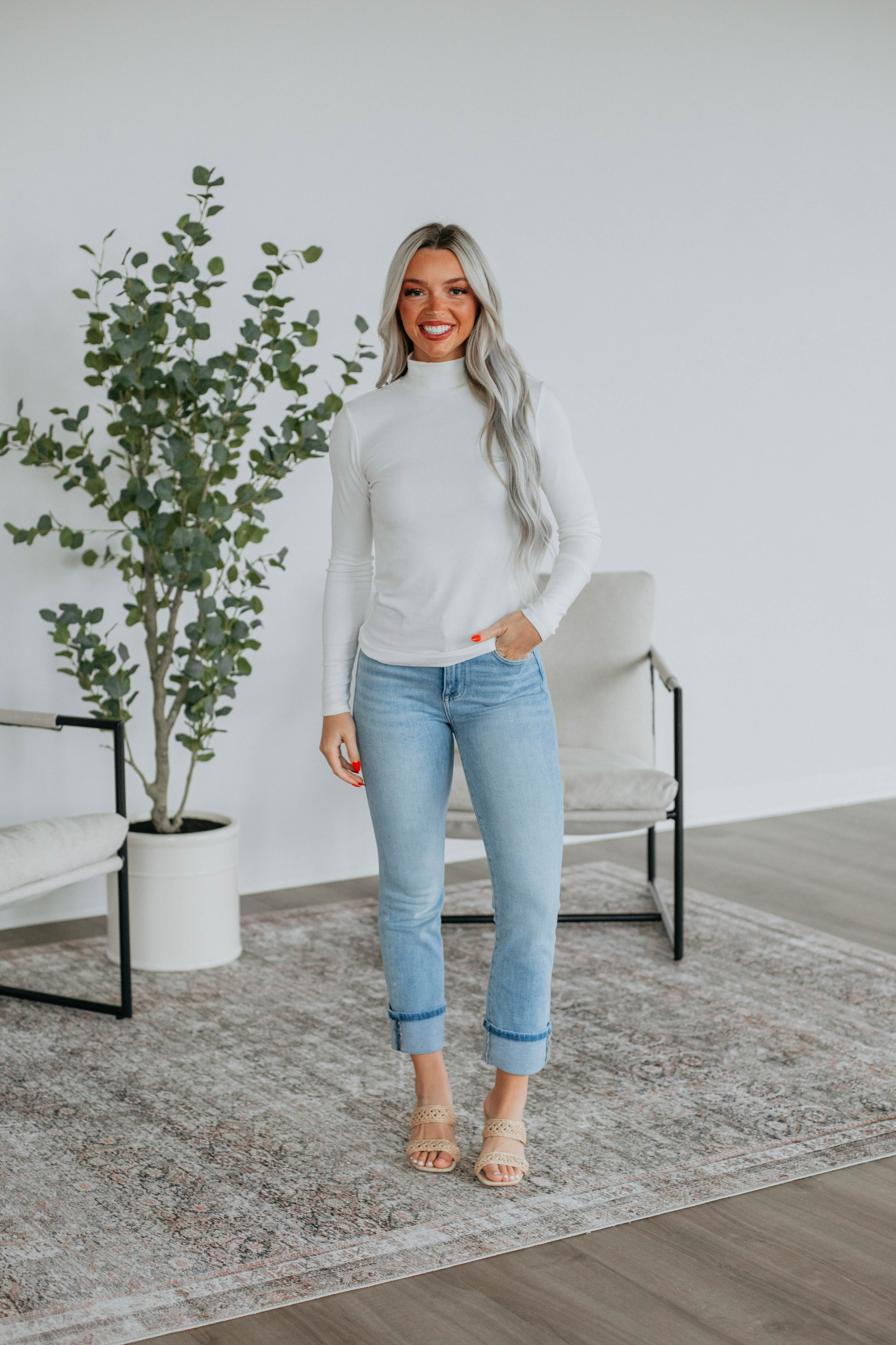 Evelina Mock Neck Top for Women - Ivory Long Sleeve Blouse | Office Wear, Casual Outfit, Party Attire