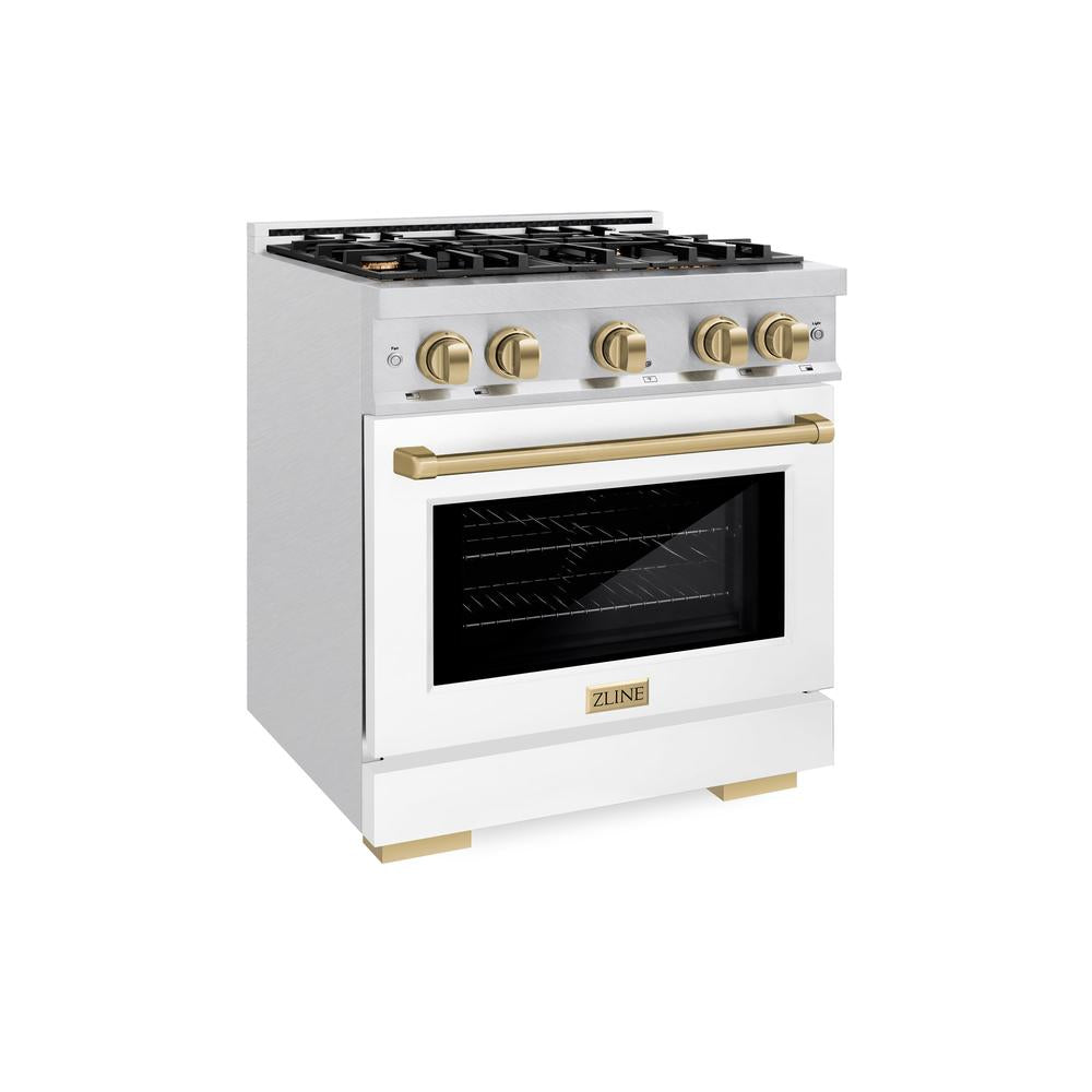 ZLINE Autograph Edition 30-inch 4.2 cu. ft. Dual Fuel Range with 4-Burner Gas Cooktop & Electric Convection Oven - Satin Stainless Steel, White Matte Door & Champagne Bronze Accents (HDRSZ WM 30 CB) - Perfect for Modern Kitchens, Home Chefs & Gourmet Cooking