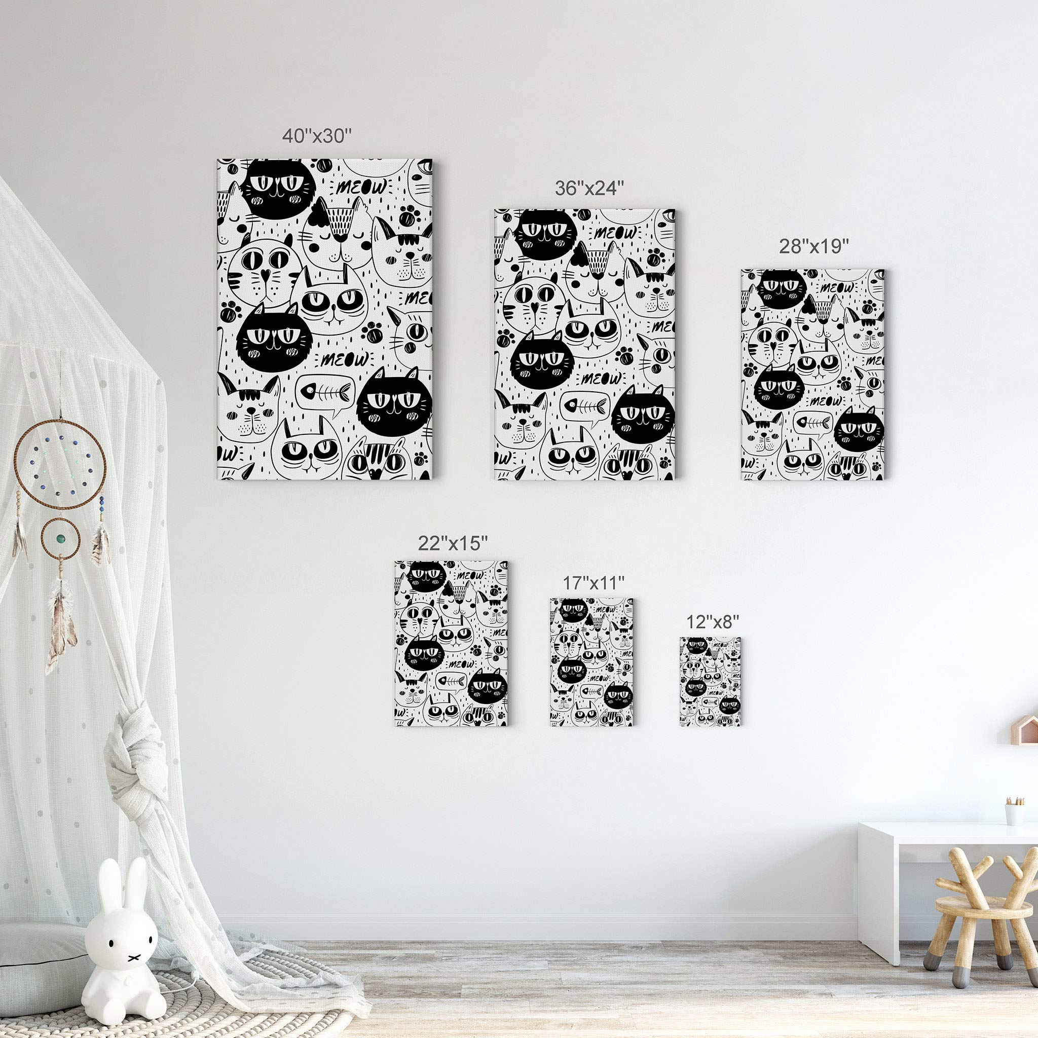 Black and White Cat Canvas Wall Art - 36x24 Inch Modern Pet Decor for Kids Room, Nursery & Baby Room - Ready to Hang USA-Made Canvas Print - Perfect for Animal Lovers & Cozy Home Decor