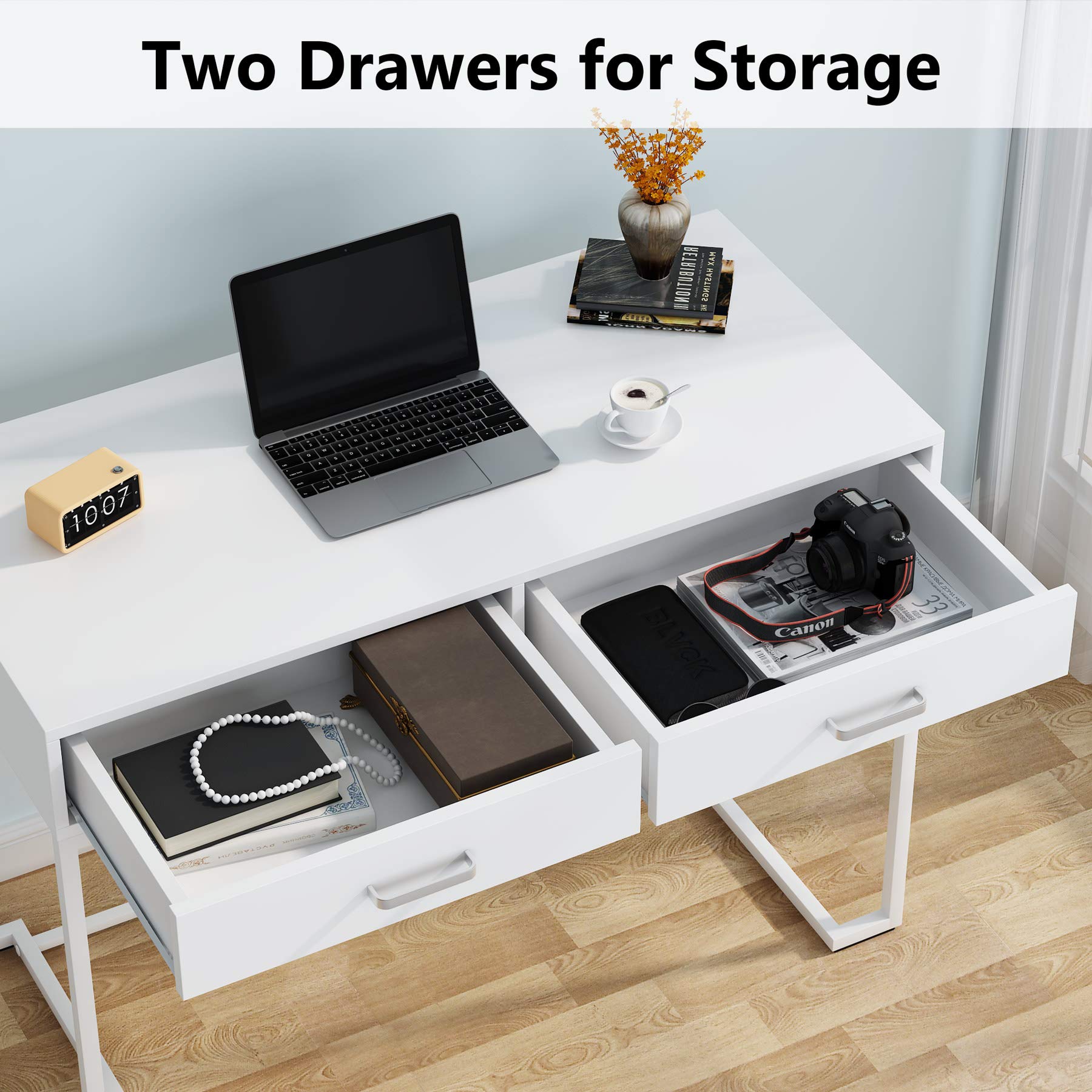 Tribesigns 40 Inch White Computer Desk with 2 Drawers - Modern Simple Study Desk & Makeup Vanity Table for Small Spaces - Perfect for Home Office, Bedroom, Dorm Room & Workspace Organization