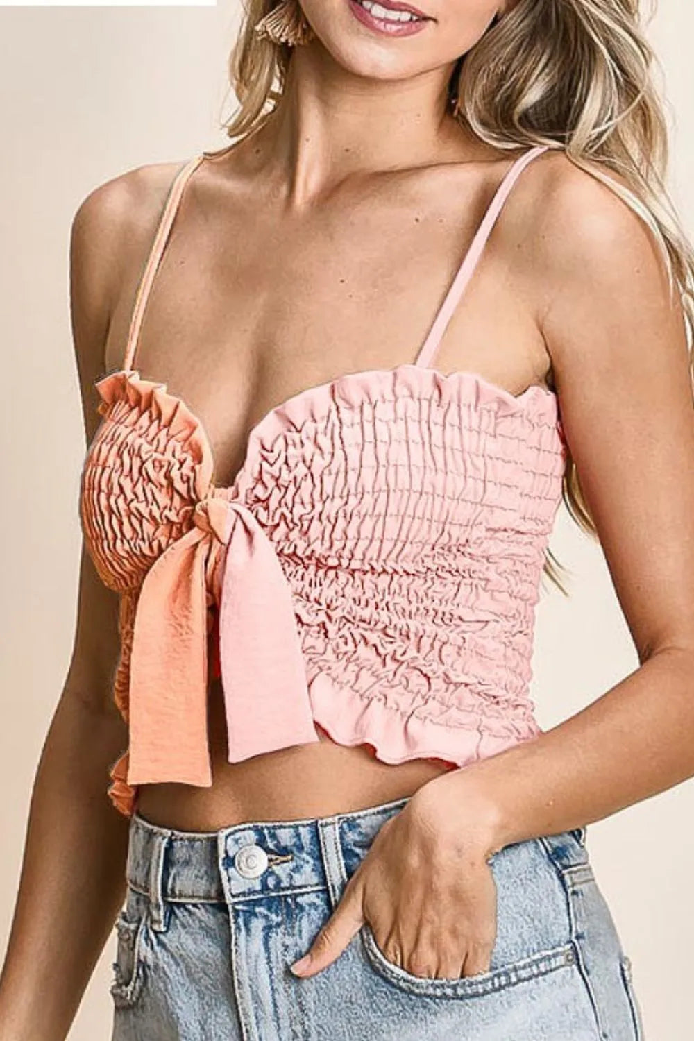 BiBi Woven Color Block Smocked Ribbon Bra Top - Women's Fashion Crop Top for Summer, Beach, Yoga & Casual Wear