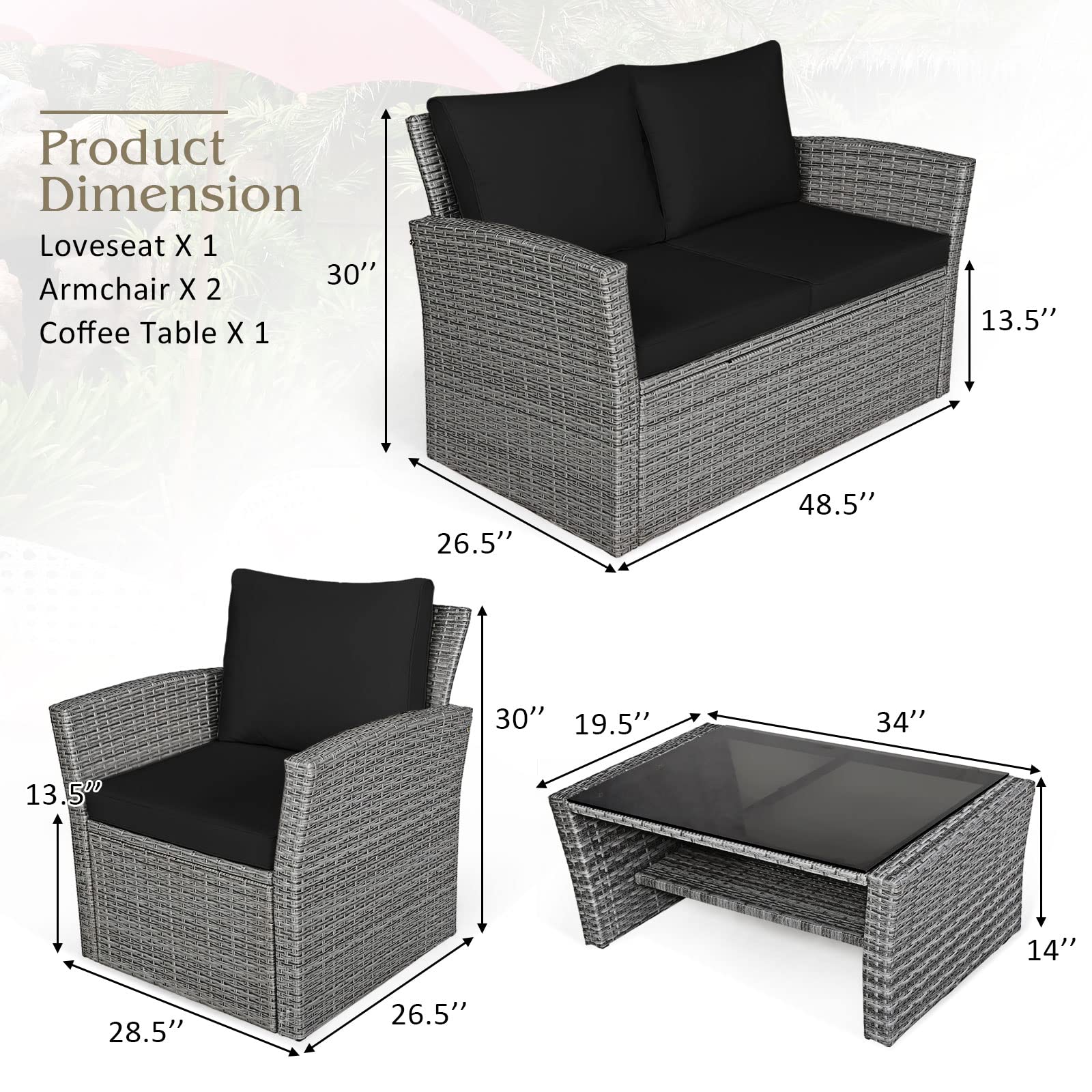 Tangkula 4-Piece All-Weather Outdoor Patio Furniture Set - Black Rattan Sectional Sofa with Cushions & Tempered Glass Table - Durable Wicker Conversation Set for Backyard, Garden, Poolside, Deck or Patio Relaxation