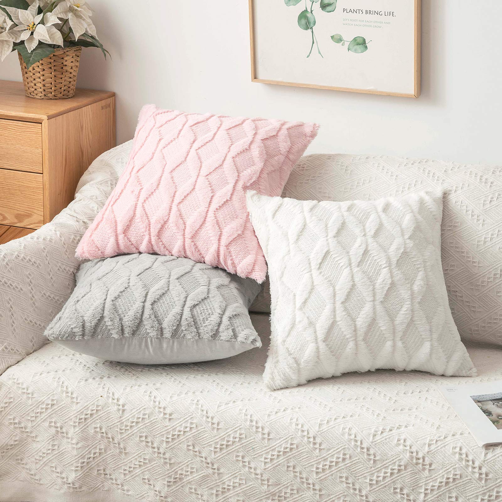 MIULEE Light Gray Throw Pillow Covers 16x16 Set of 2 - Soft Plush Farmhouse Decorative Pillow Cases with Boho Shell Design for Couch, Sofa, Bedroom & Living Room - Cozy Winter Home Decor Accents