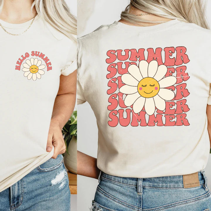 CLR Hello Summer Graphic Women's T-Shirt - Front & Back Print Casual Tee for Summer Outfits, Beach Vacations & Streetwear Fashion
