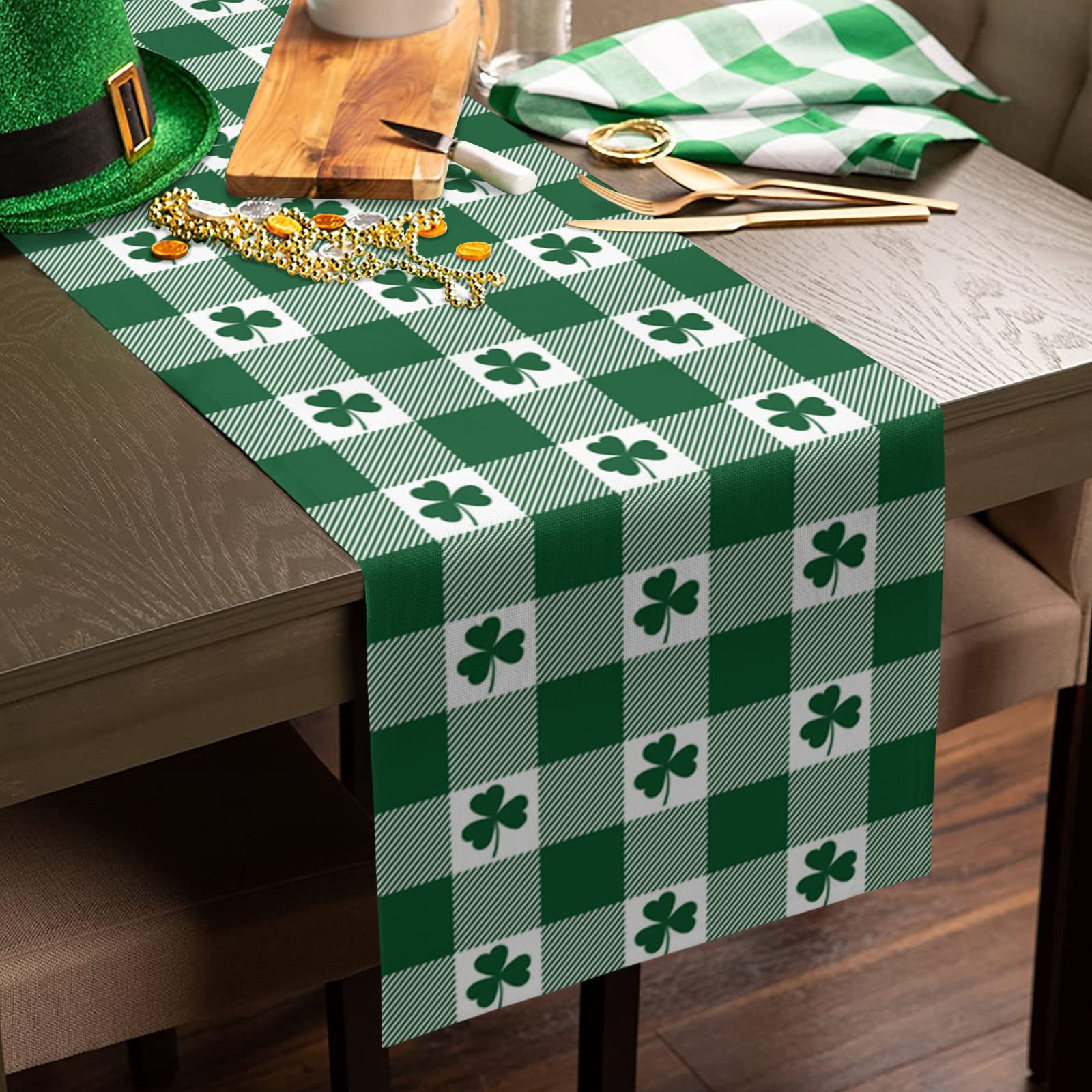 90 Inch St Patrick's Day Cotton Linen Table Runner - Irish Buffalo Plaid Green White Burlap Kitchen Decor for Dining Table, Dresser, Party & Wedding | Perfect for St Patrick's Celebrations, Irish Themed Dinners & Holiday Home Decor