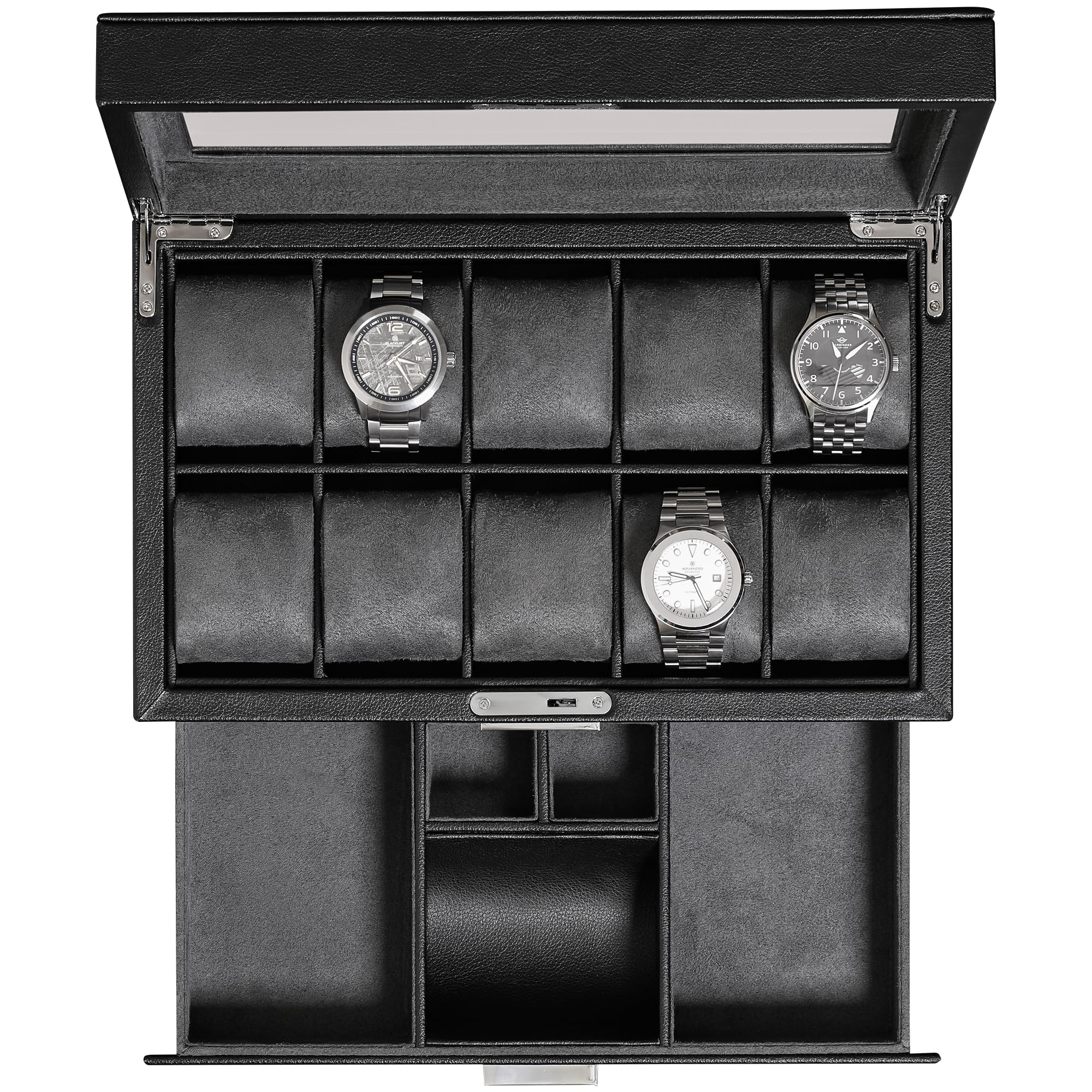 ROTHWELL 10-Slot Leather Watch Box with Valet Drawer - Luxury Watch Case Organizer with Ultra Soft Microsuede Liner, Jewelry & Sunglass Storage - Large Glass Top Display (Black/Grey) - Perfect for Watch Collectors & Gift Giving