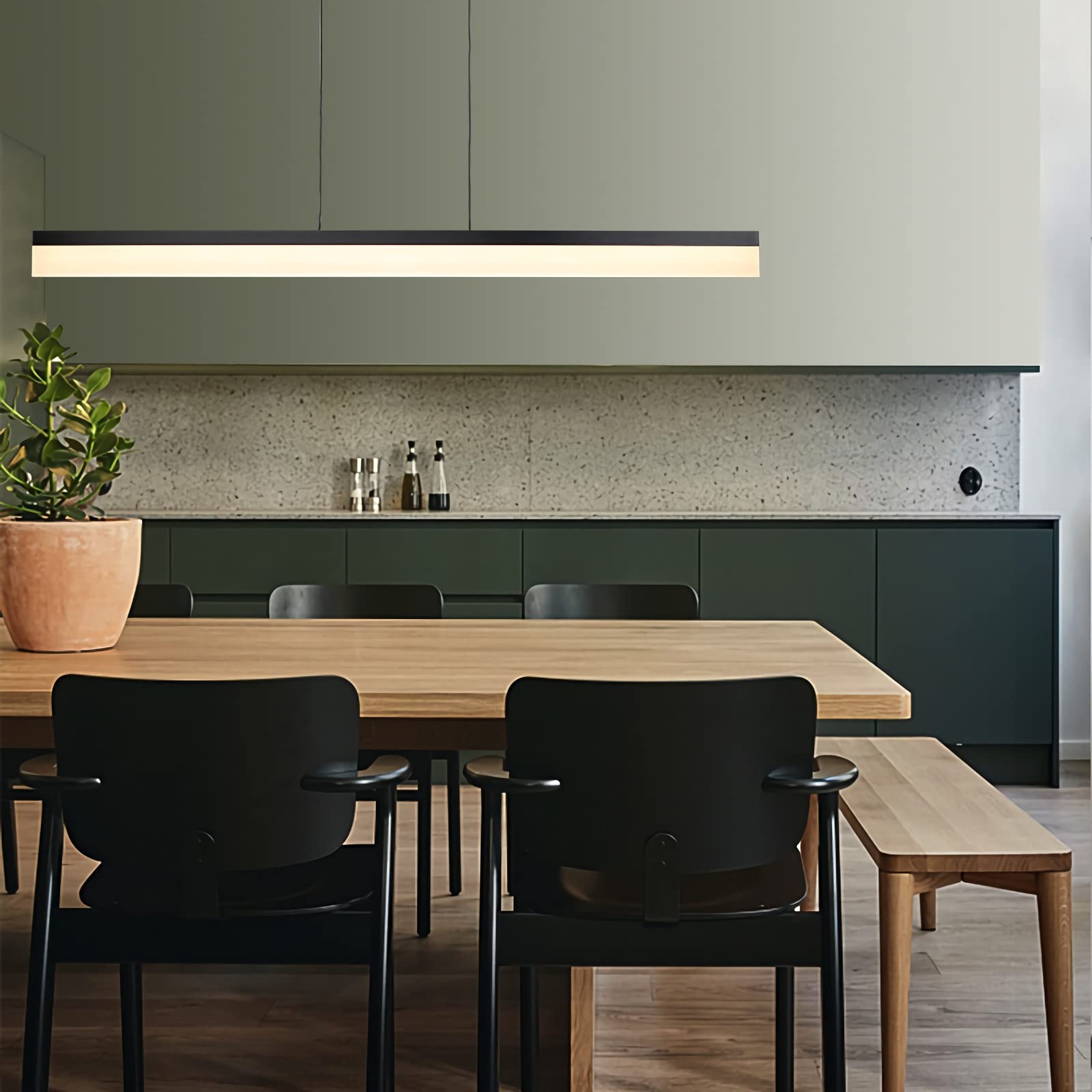 47-inch Adjustable Linear Pendant Light Fixtures - 30W Dimmable LED Kitchen Island Lighting & Dining Room Chandelier - Black Aluminum Modern Hanging Light for Home Decor, Restaurants, and Office Spaces