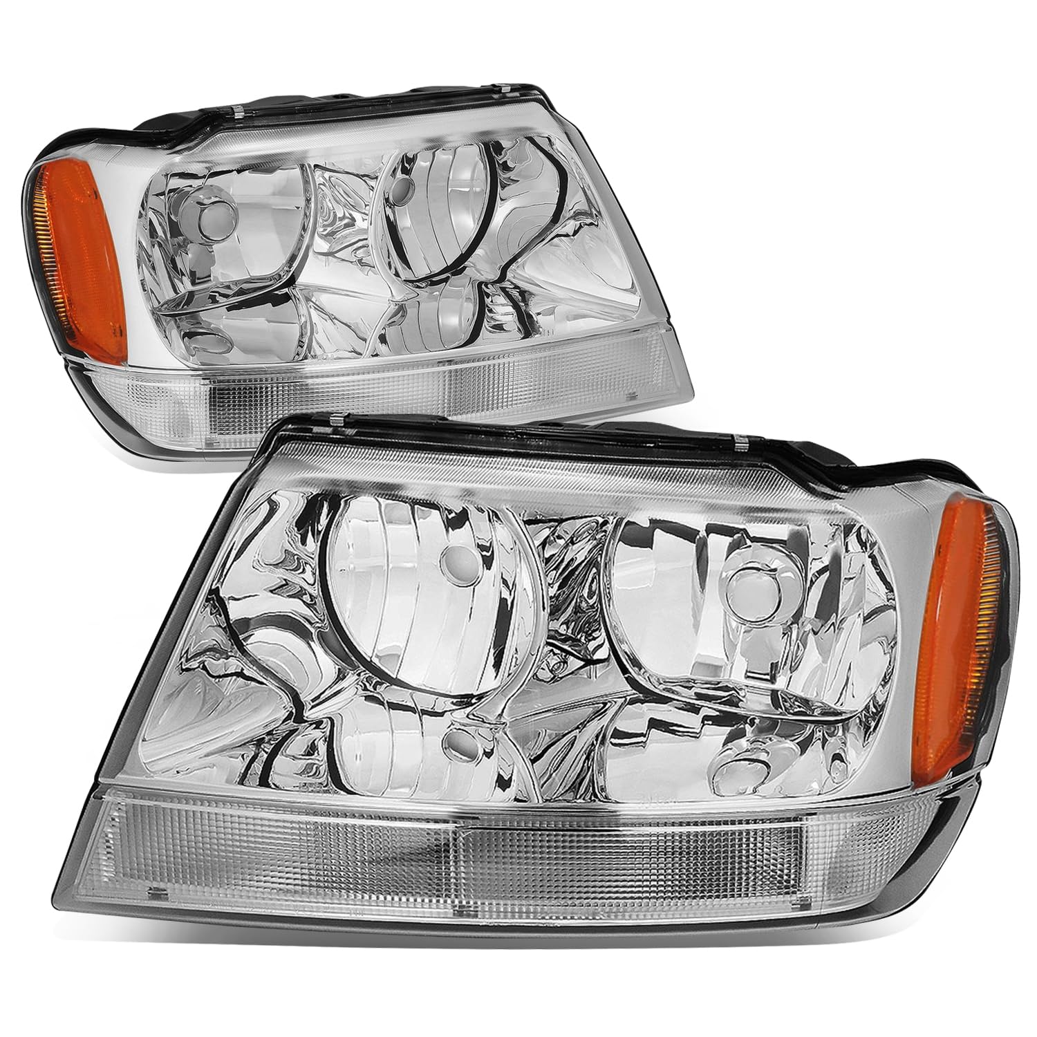 Auto Dynasty Halogen Headlights Assembly Replacement for 1999-2004 Jeep Grand Cherokee WJ - Driver & Passenger Side Headlamps (CH2502121 CH2503121) with Chrome Housing & Amber Corner - Perfect for Night Driving & Off-Road Adventures