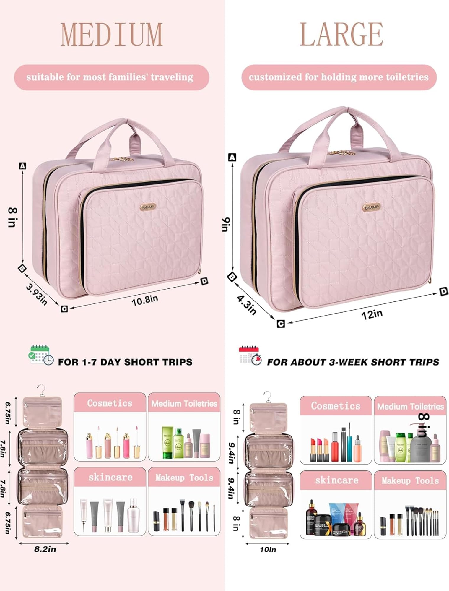 Waterproof Pink Hanging Toiletry Bag for Travel - Large Cosmetic Makeup Organizer with Hook for Shampoo, Toiletries & Full-Sized Products | Perfect for Airplane Carry-On, Gym, Camping & Vacation Essentials