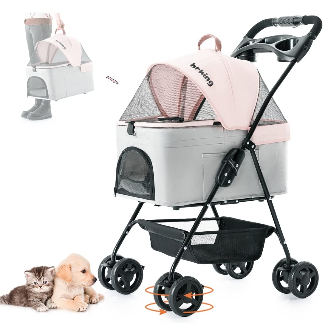 3-in-1 Folding Lightweight Pet Stroller for Small Dogs & Cats - Portable Jogging Stroller with Detachable Carrier, Cup Holder & Storage Basket - Ideal for Walking, Shopping & Outdoor Adventures (4 Wheels)