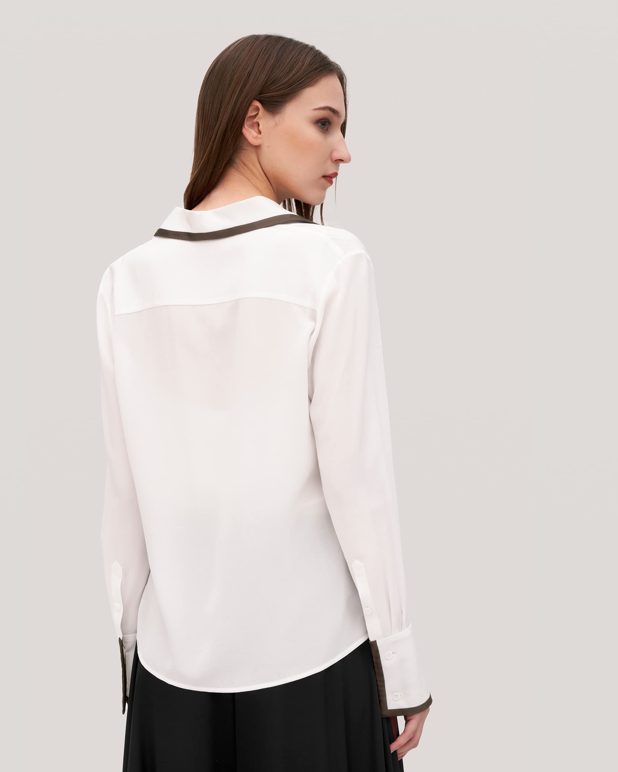 Luxury LilySilk Women's Silk Blouse with Contrast Piping - Elegant Willow Print Shirt Tops for Work, Party & Special Occasions