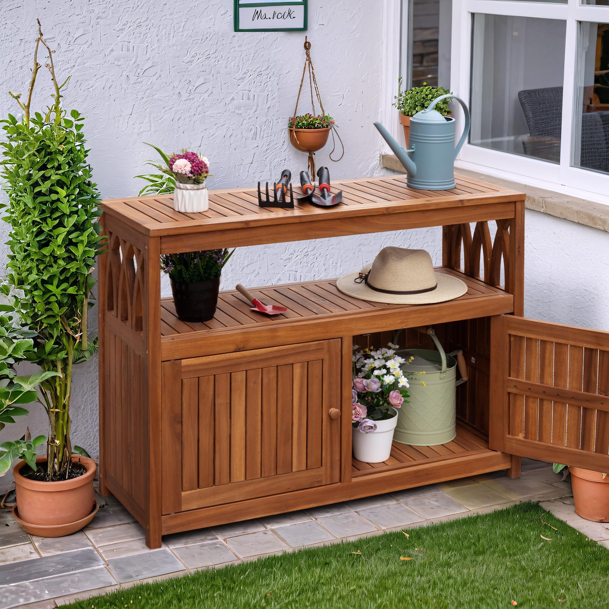 **Weatherproof Acacia Wood Outdoor Storage Cabinet with 2 Magnetic Doors – Ideal for Patio, Garden, Backyard, TV Stand, Bar Table & Potting Bench (Brown)**