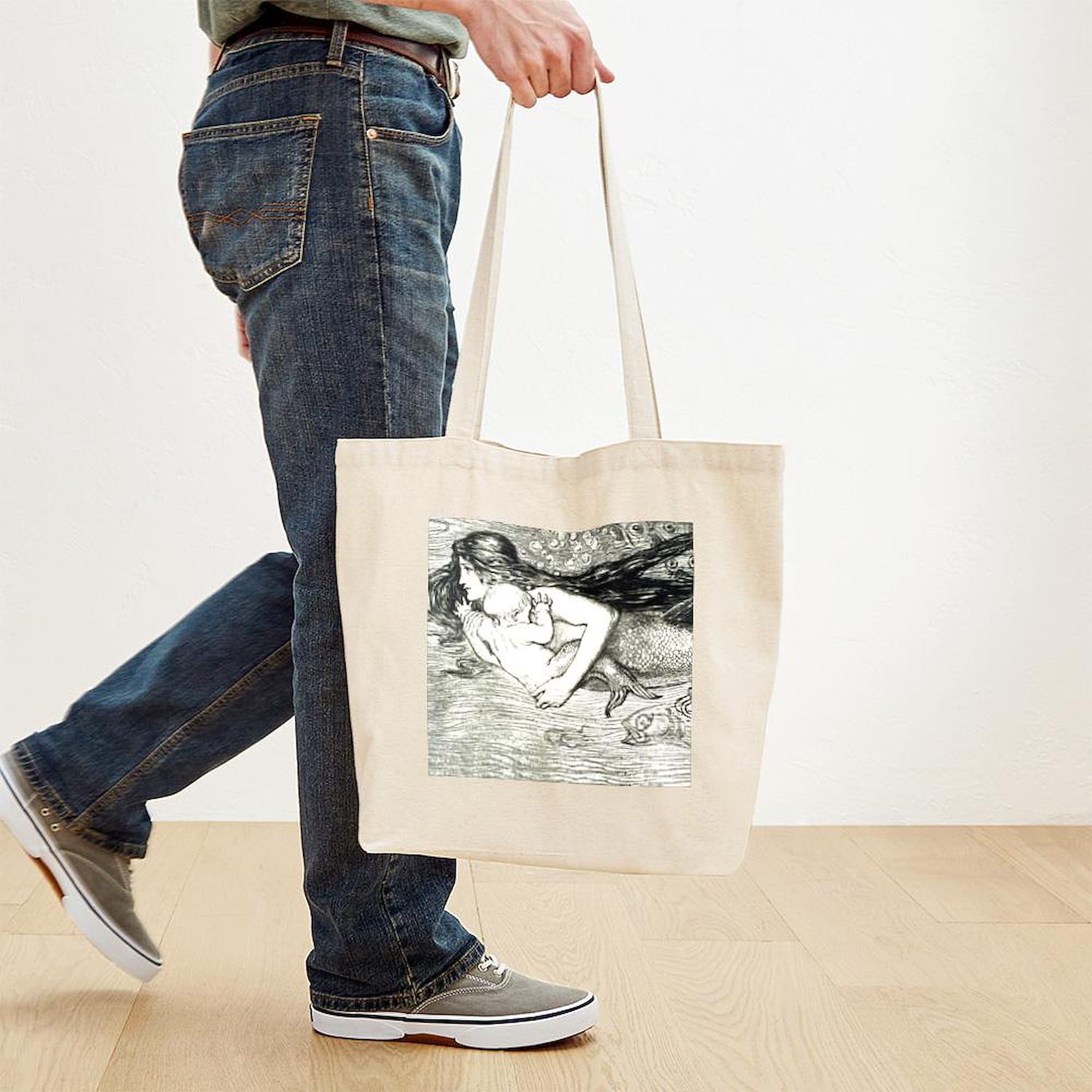 Amelia Bauerle Mermaid Tote Bag - Natural Canvas Reusable Shopping Bag for Beach, Grocery & Daily Use | Eco-Friendly Cotton Tote with Unique Mermaid Design