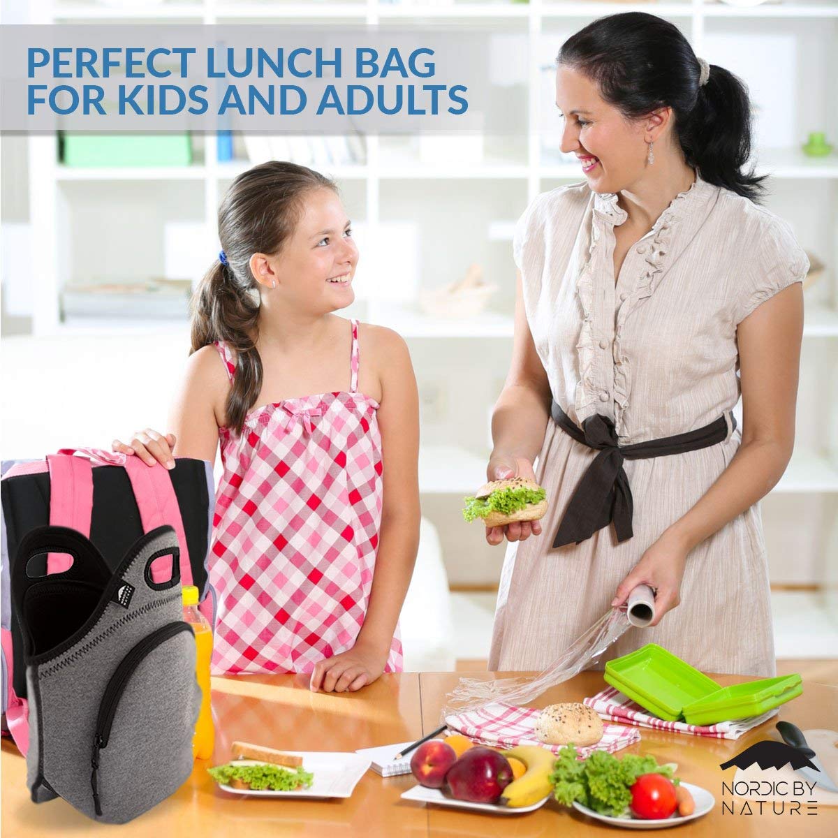 Premium Insulated Lunch Bag for Women & Kids - Large Neoprene Lunch Tote with Soft Cotton Feel, Reusable & Washable, Thick Insulation, Durable Stitching, Outside Pocket (Grey/Black) - Perfect for School, Work, Picnics & Outdoor Activities