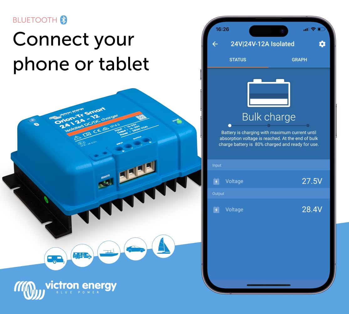 Victron Energy Orion-Tr Smart DC to DC Charger 24V/24V 12A 280W with Bluetooth - Isolated Battery Charger for Dual Battery Systems - Perfect for RVs, Boats & Off-Grid Power Solutions