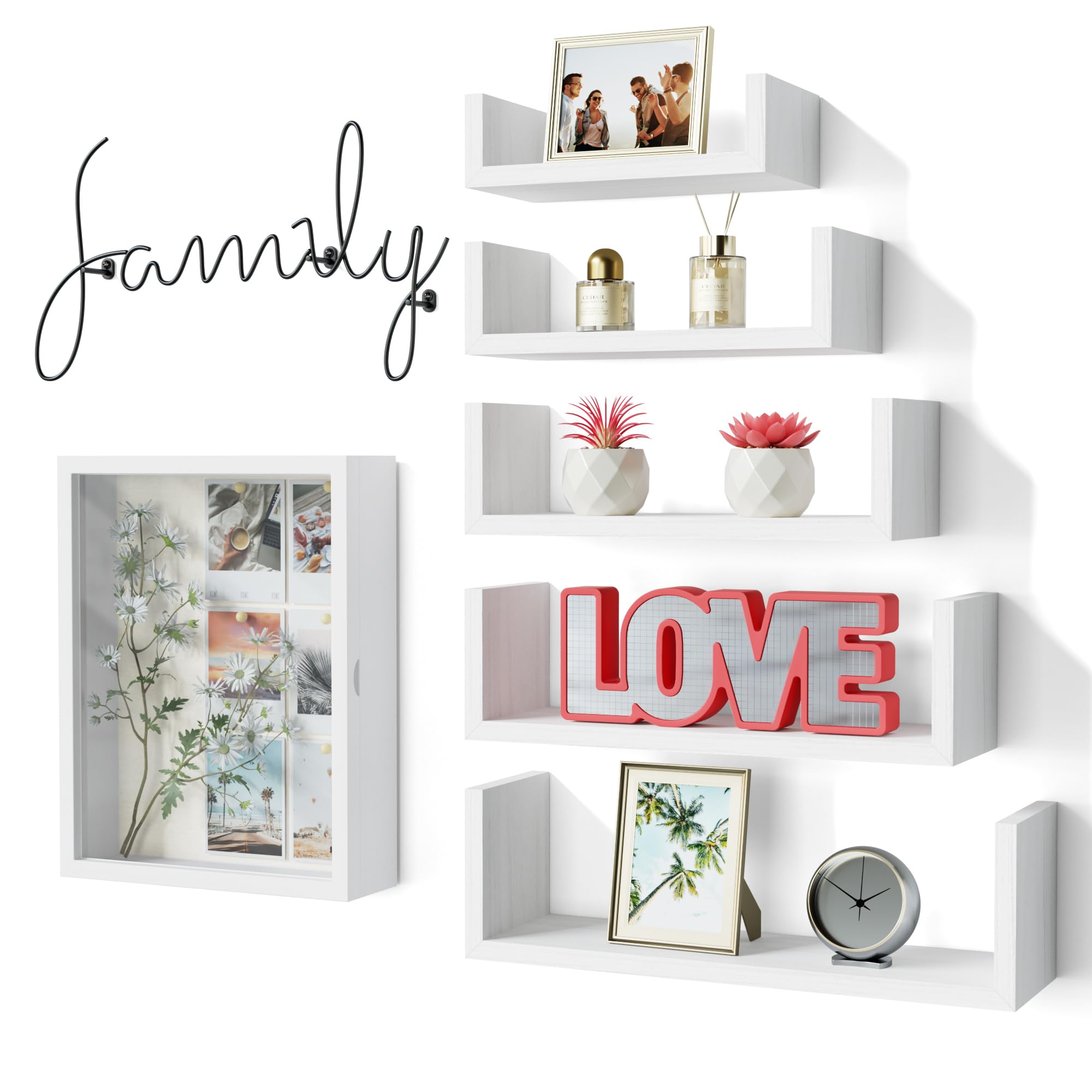 5-in-1 Modern Wall Decor Set with Floating Shelves & Shadow Box - Home Storage Organizer for Living Room, Bedroom, Nursery & Office | Space-Saving Wall Pediments & Display Solution for Photos, Books & Decorative Items