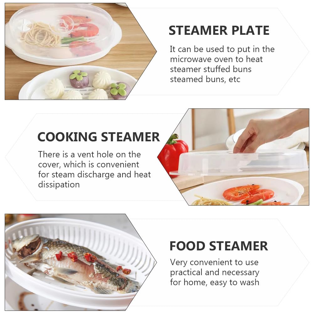 Cabilock Microwave Steamer Container with Plastic Lid - 32x19.3x7.5cm Food Steamer Plate for Fish, Buns, Dumplings & Bread - Perfect for Quick Healthy Meals, Meal Prep & Reheating Leftovers
