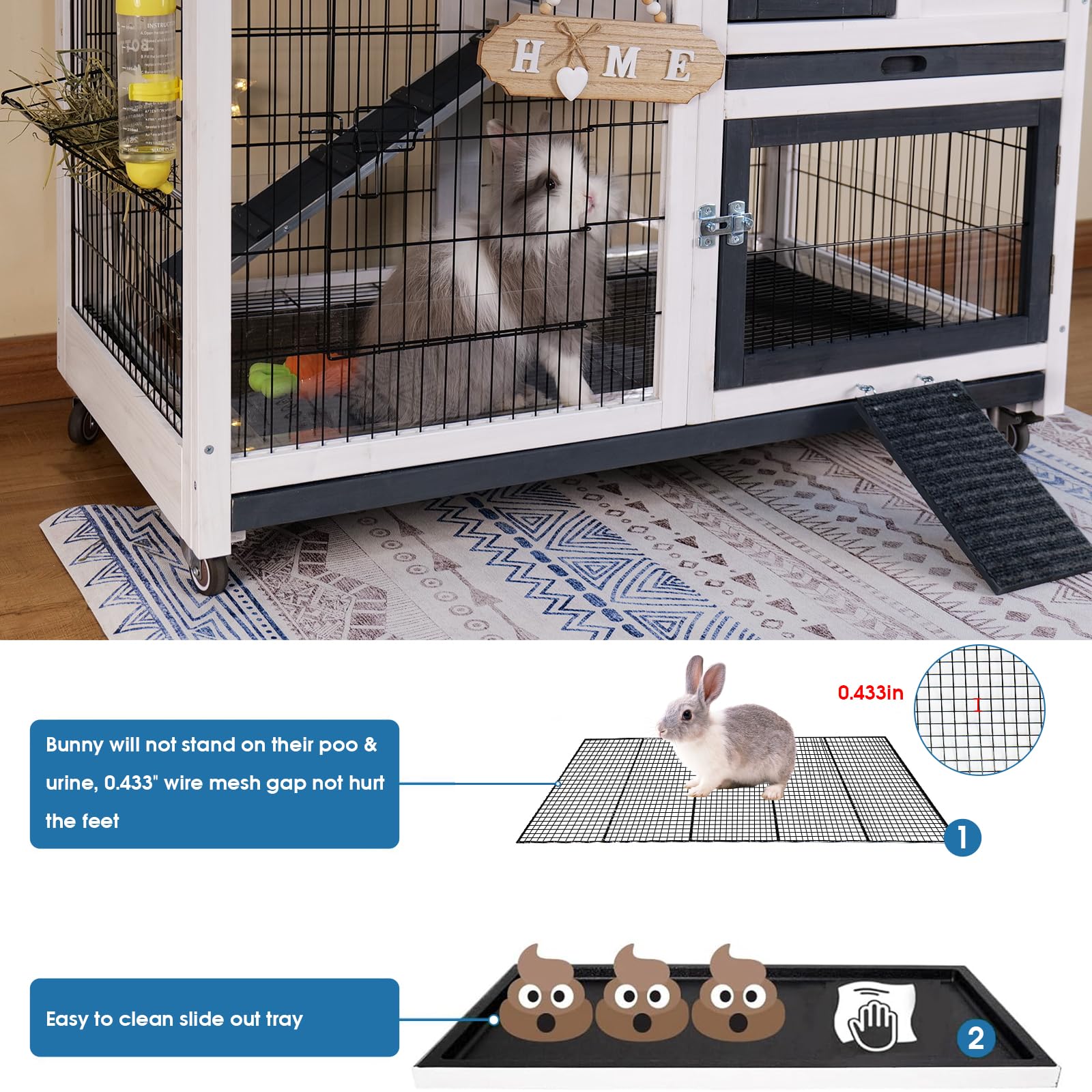 Indoor & Outdoor Rabbit Hutch with Urine Guards - 2-Story Mobile Bunny Cage for Guinea Pigs, Wire Bottom & 2 Trays - Perfect for Small Pets in Home, Garden or Backyard