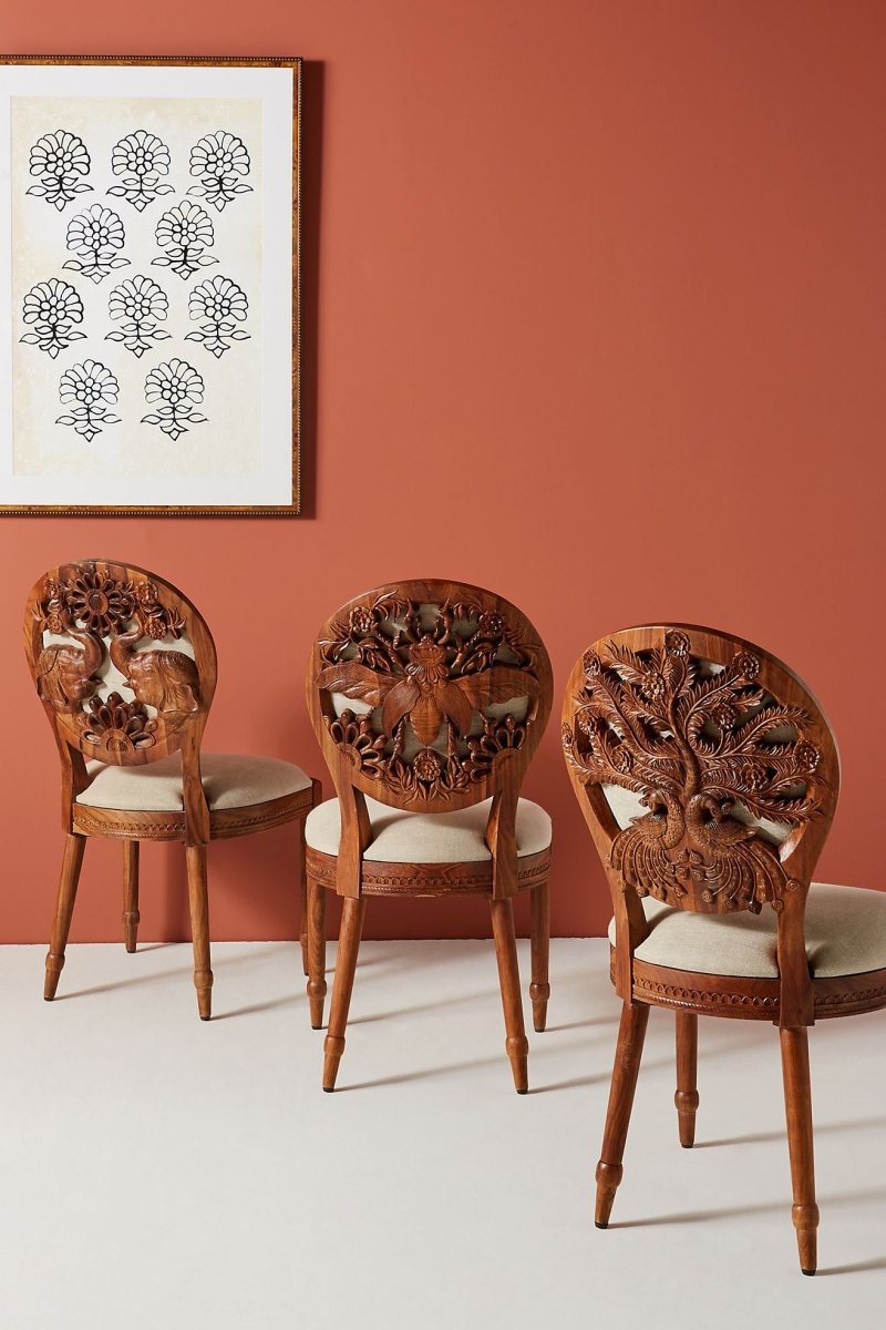 Hand Carved Peacock Design Wooden Dining Chair - Traditional Indian Handcrafted Furniture for Home Decor, Living Room, Dining Room & Office Use