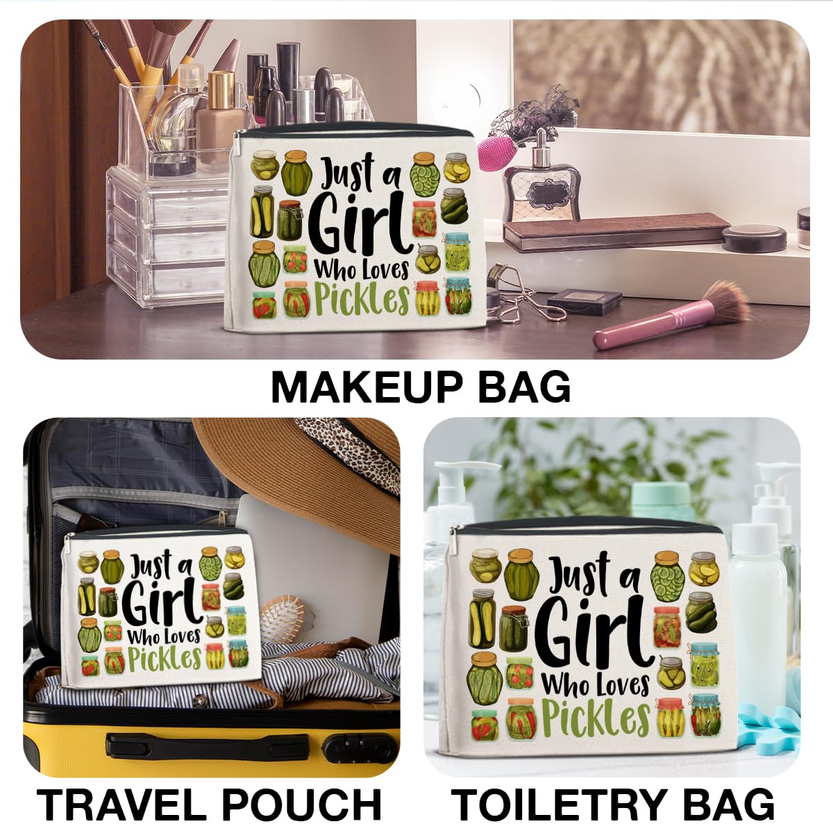 Pickle Themed Makeup Bag for Women - Cute Cosmetic Pouch with Zipper - Perfect Gift for Pickle Lovers - Great for Travel, Gym & Daily Use
