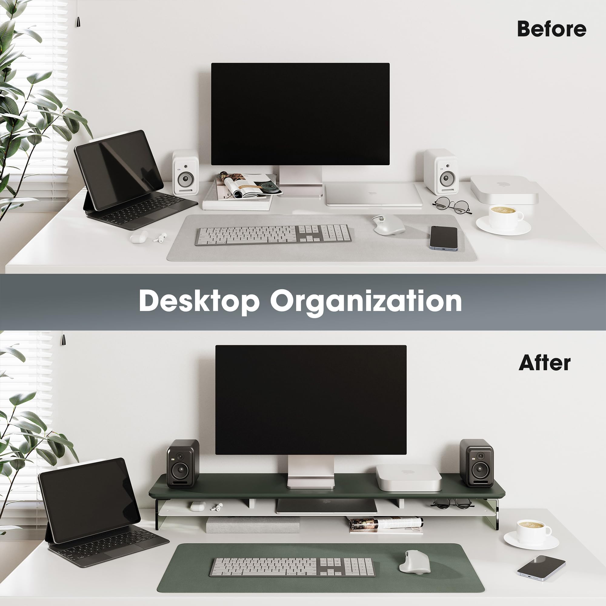 FENGE 2-Tier Acrylic Dual Monitor Stand Riser - 42.5 Inch Wide Computer Monitor Shelf with Storage Organizer for Home Office Desk - Compatible with Laptop, PC, TV (Green) - Perfect for Workspace Organization & Multi-Screen Setup
