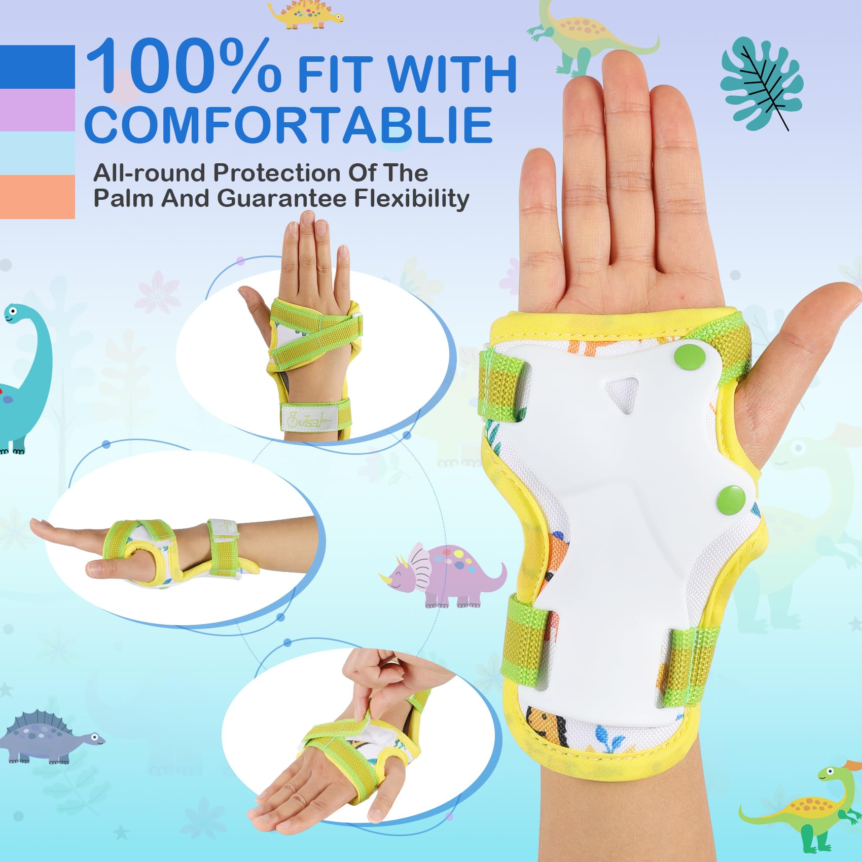 **Boys Knee Pads Set - Adjustable Dinosaur Knee & Elbow Pads with Wrist Guards for Kids - Protective Gear for Roller Skating, Biking, Scooter - Includes Drawstring Bag & Dino Stickers - Perfect for Outdoor Play & Sports Safety**