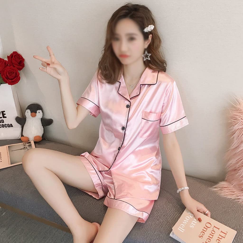 Women's Satin Silk Pajama Set - Summer Short Sleeve Sleepwear with Turn-down Collar & Shorts | Comfortable Nightwear for Lounge, Vacation & Home Relaxation (Color: Blue, Size: X-Large)