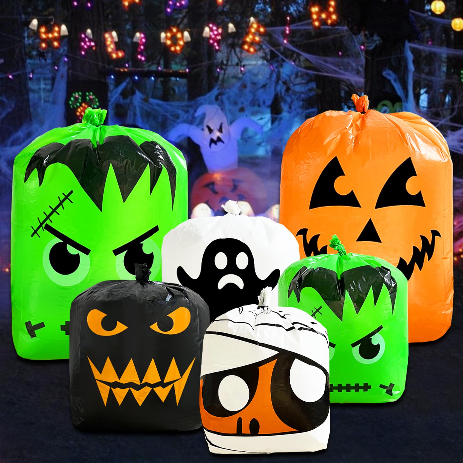 6-Piece Halloween Pumpkin Leaf Bags Set - 5 Spooky Designs for Outdoor Decor (2 Large 48x36