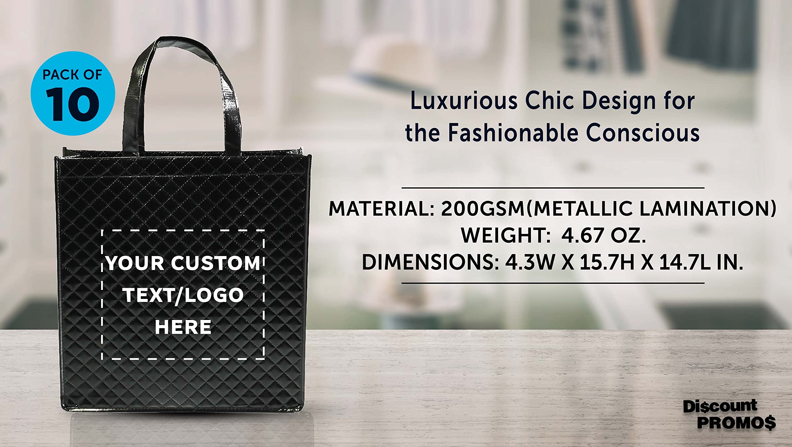 Custom Printed Laminated Tote Bags - Set of 10 Personalized Bulk Totes - Eco-Friendly Reusable Shopping Bags for Groceries, Beach Trips, Promotions & Events - Black