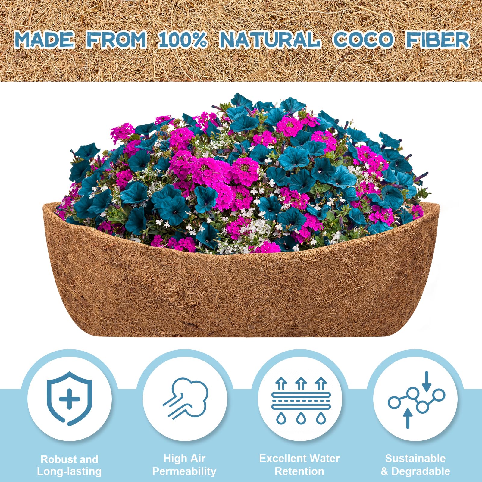 Riare 2 Pack 48 Inch Trough Coco Coir Liners for Planters - Natural Coconut Fiber Replacement Liners for Window Box, Wall Planter & Deck Railing Planters | Eco-Friendly, Pre-Formed & Durable for Indoor/Outdoor Gardening