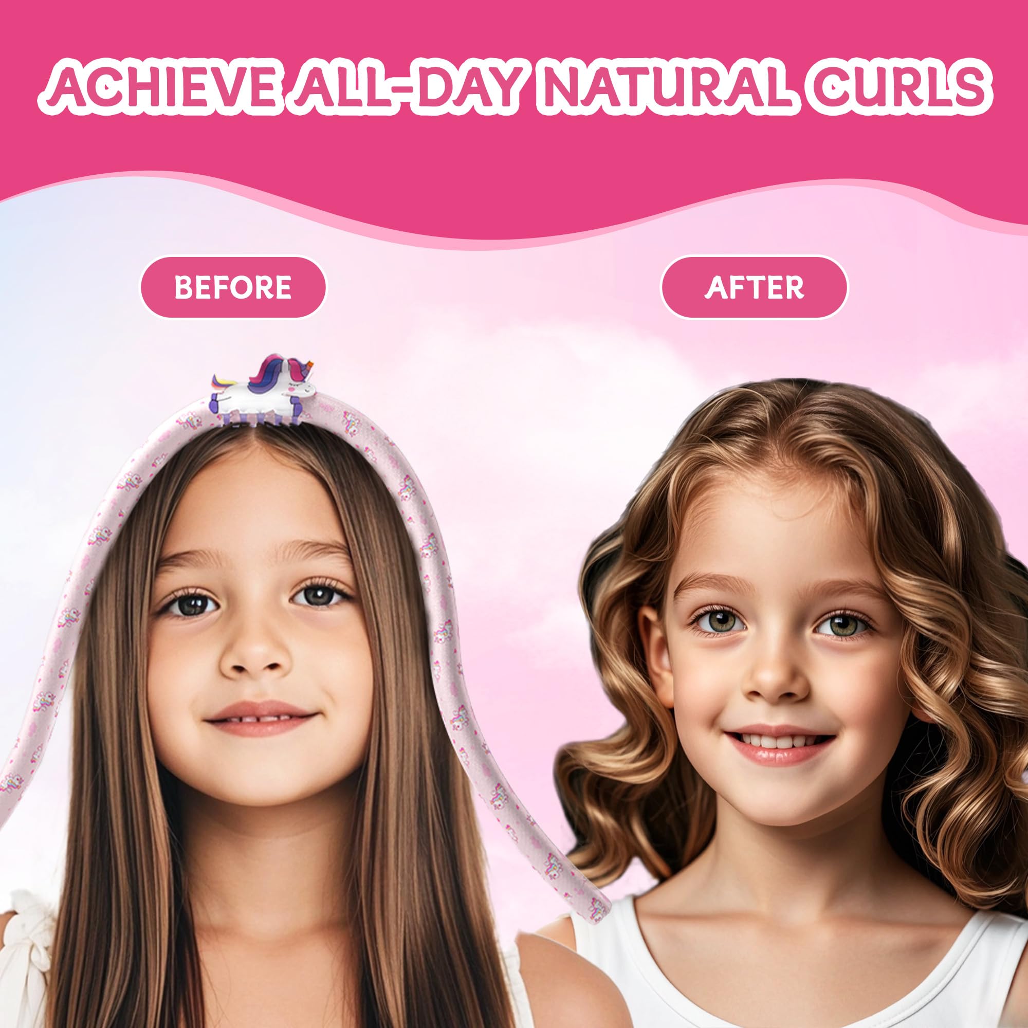 Heatless Curling Headband for Girls - Unicorn Hair Rollers with Clips, No Heat Hair Curlers for Kids & Teens (Ages 6-13) - Perfect for Overnight Curls, Birthday Gifts & Valentine's Day Presents - Great for Sleepovers, Parties & Special Occasions