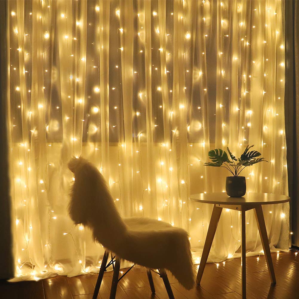 HEYFUNi Fiee Fairy 304 LED Curtain Lights - 9.8ft x 9.8ft Window Lights with 8 Lighting Modes & 100 LED 33ft Star String Lights (Warm White) - Perfect for Bedroom, Wedding, Party, and Outdoor Decor