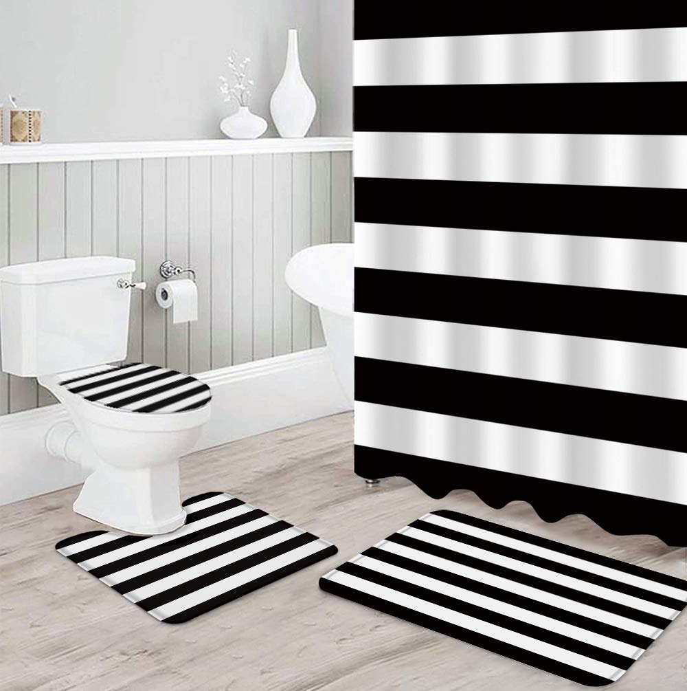 4 Piece Black and White Stripe Shower Curtain Set - Waterproof Bathroom Decor with Non-Slip Rug, Toilet Cover, Bath Mat & 12 Hooks | Classic Simple Design for Modern Bathrooms, Durable Home Shower Accessories
