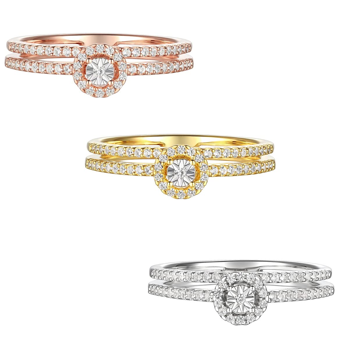 59 Natural Round Diamond Double Band Ring - 14K Rose Gold/14K Gold Plated Sterling Silver or Solid Sterling Silver - 1/4 CTTW Women's Wedding & Anniversary Jewelry - Perfect for Proposals, Engagements & Special Occasions