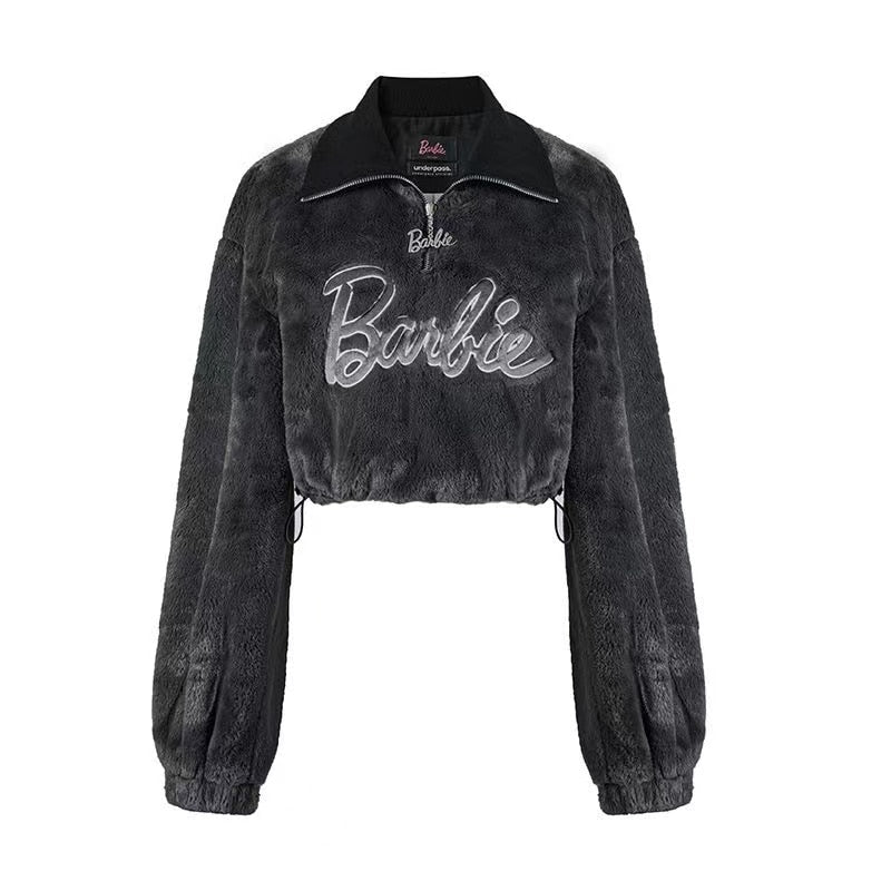**Barbie X Pink Stand Collar Pullover Sweater - Y2K Black Women's Sexy Plush Long Sleeve Top & Skirt Set for Autumn Winter Outfits | Perfect for Parties, Dates & Holiday Gifts**